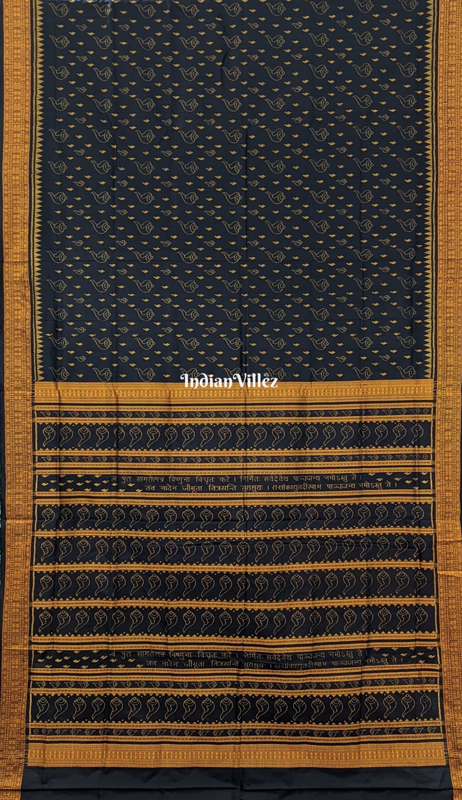 Black Golden Sankha Vishnu Mantra Odisha Handloom Sambalpuri Ikat Silk Saree
