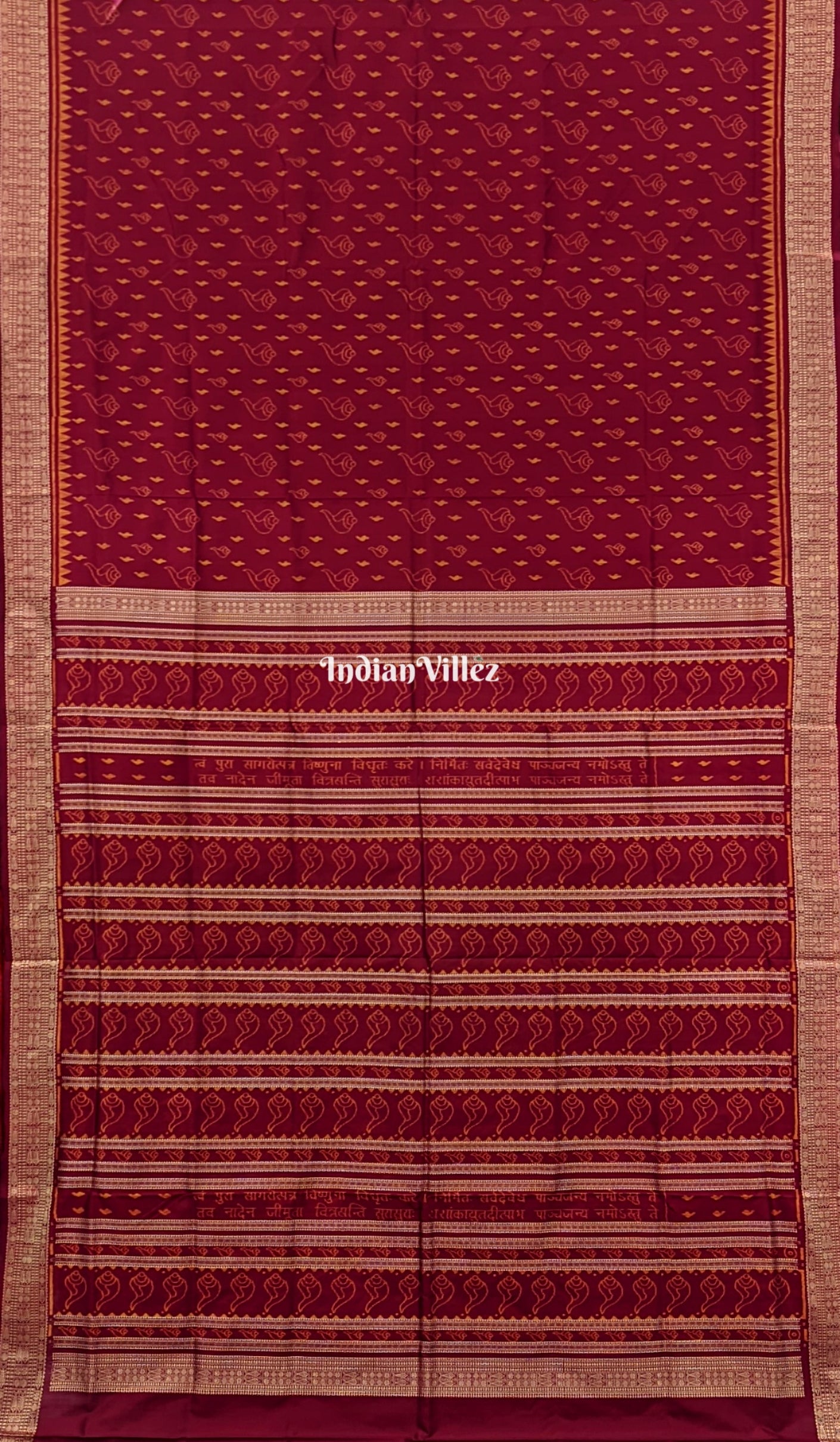 Maroon Sankha Vishnu Mantra Sambalpuri Ikat Handloom Silk Saree
