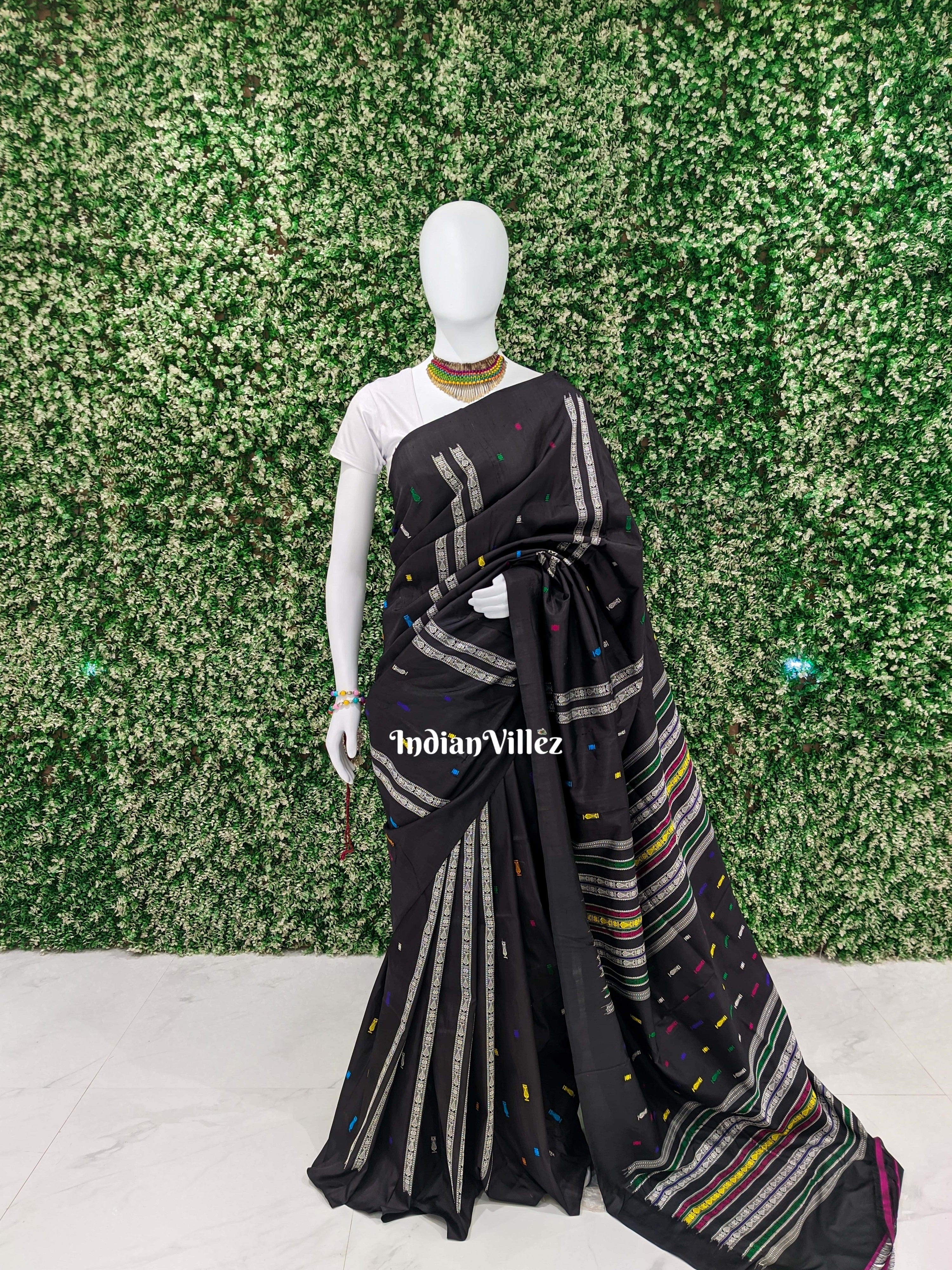 Black Habaspuri Inspired Fish Sambalpuri Bomkai Silk Handloom Saree