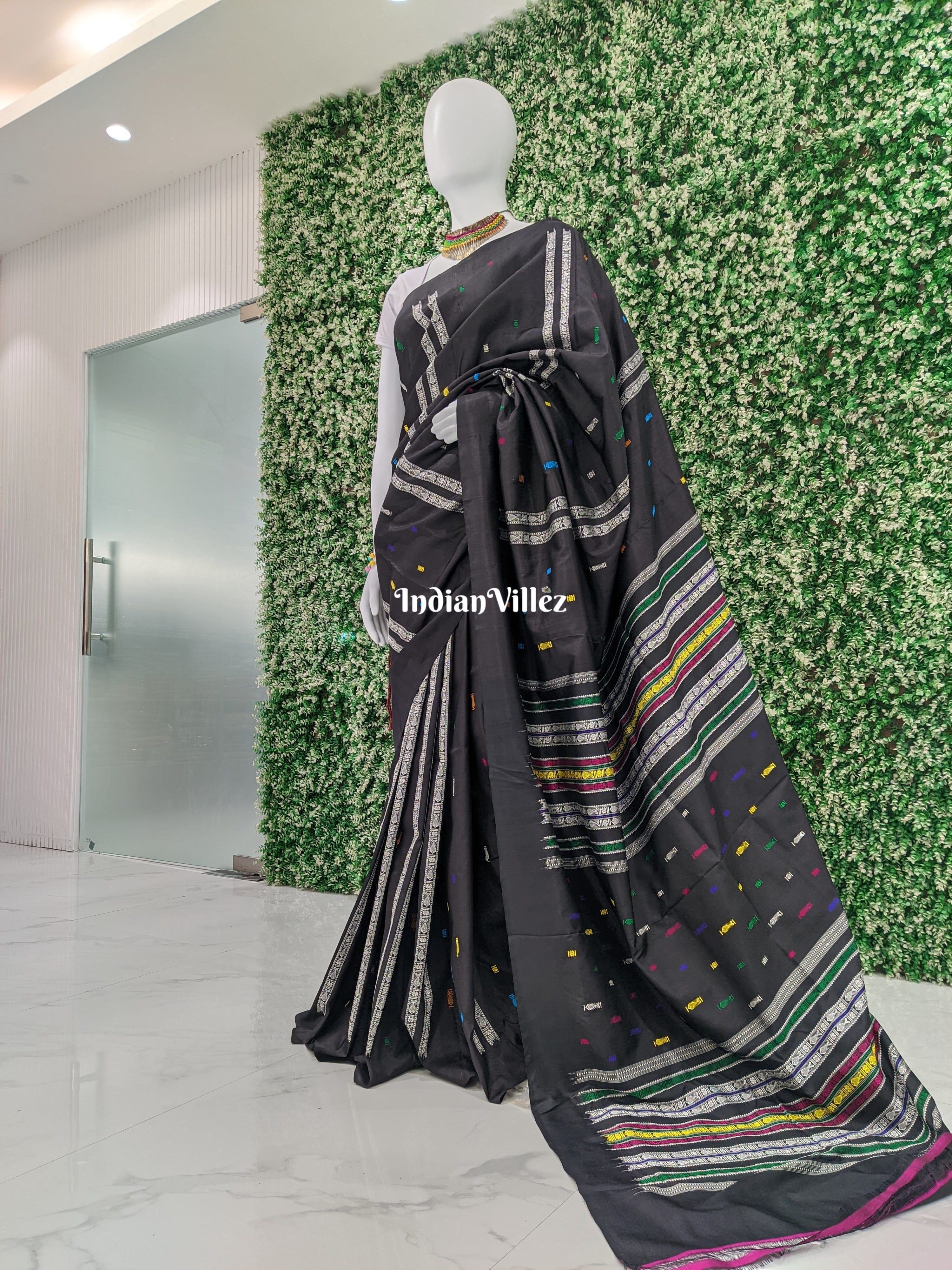 Black Habaspuri Inspired Fish Sambalpuri Bomkai Silk Handloom Saree