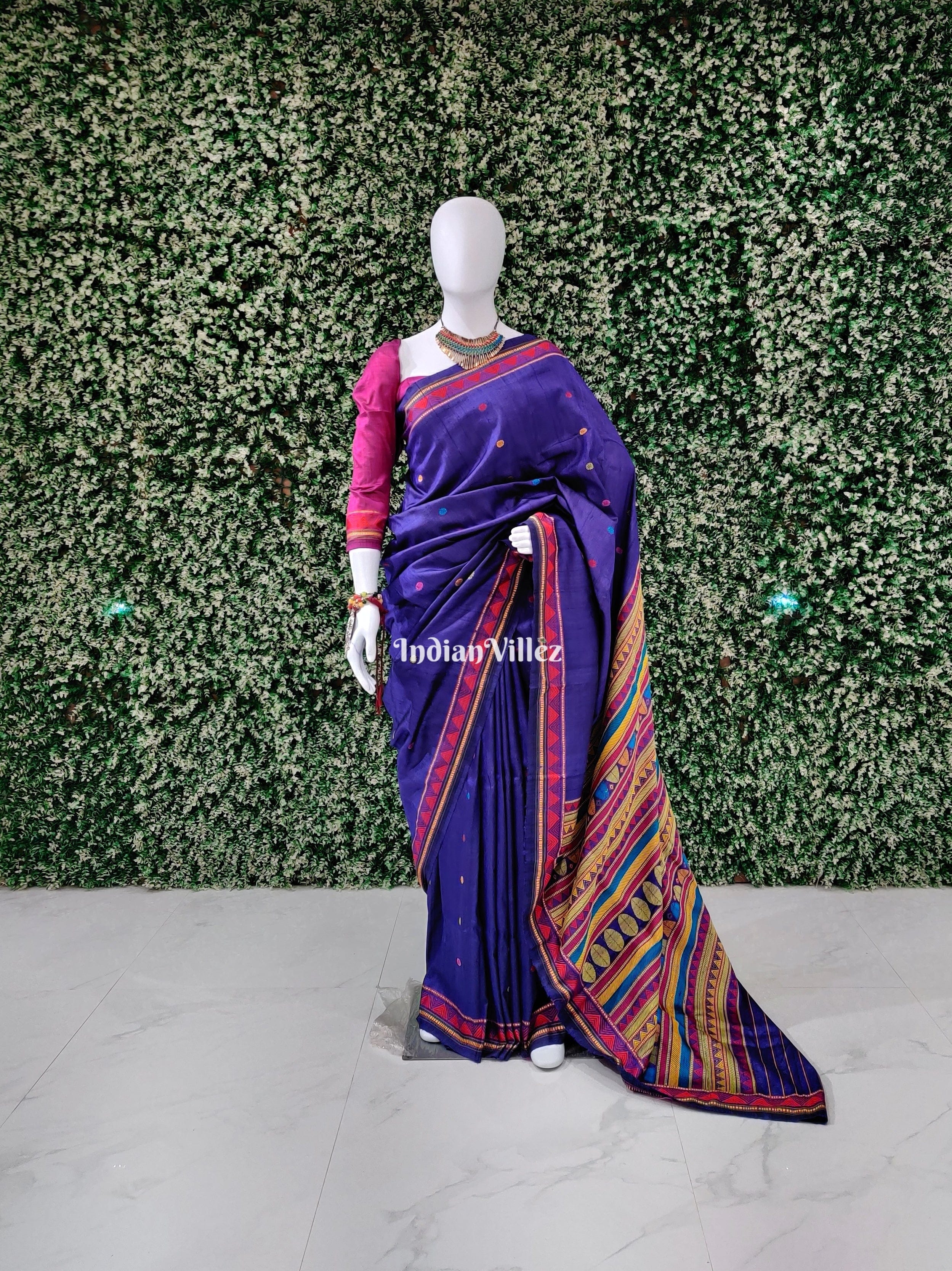 Purple Blue Odisha Handloom Dongria Silk Saree with Blouse Peace