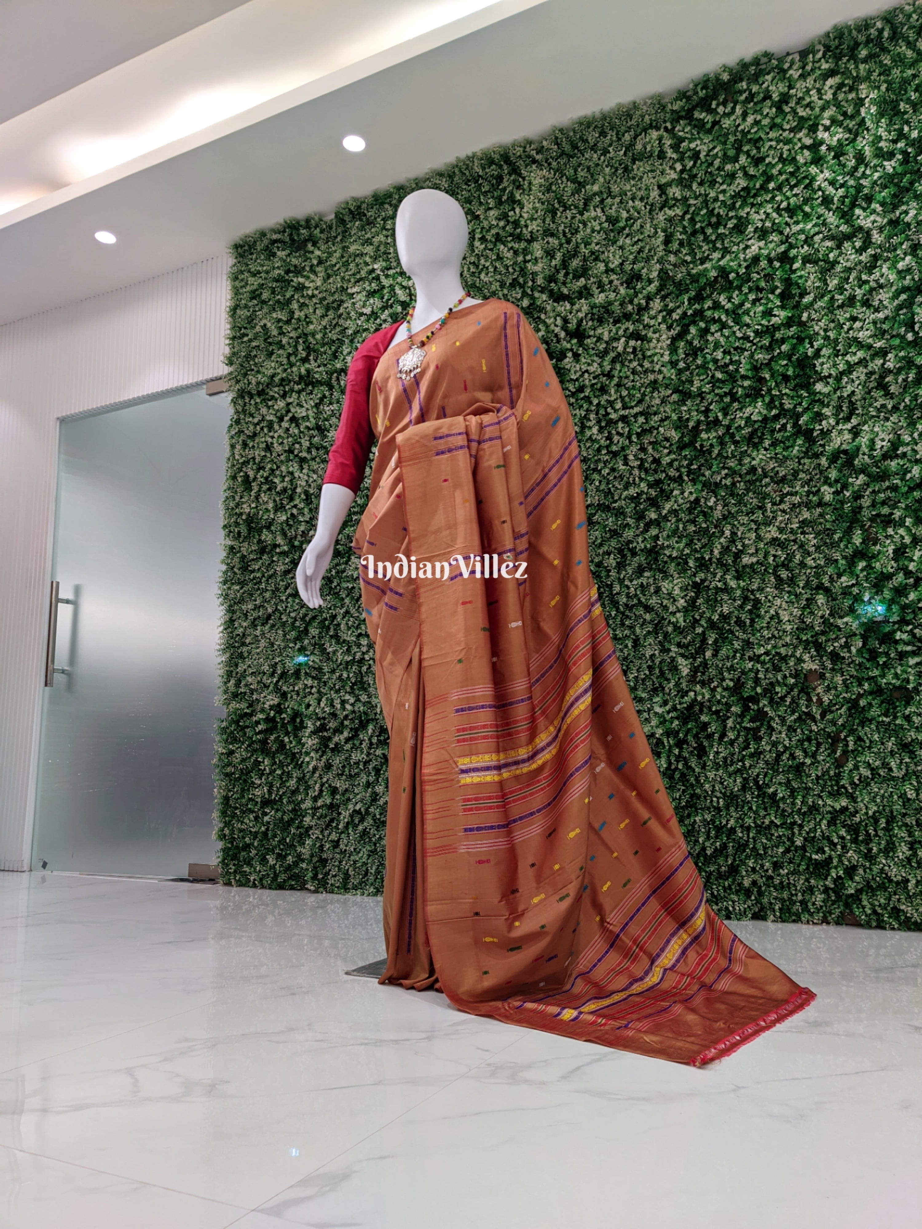 Rust Golden Colored Habaspuri Inspired Sambalpuri Bomkai Silk Handloom Saree
