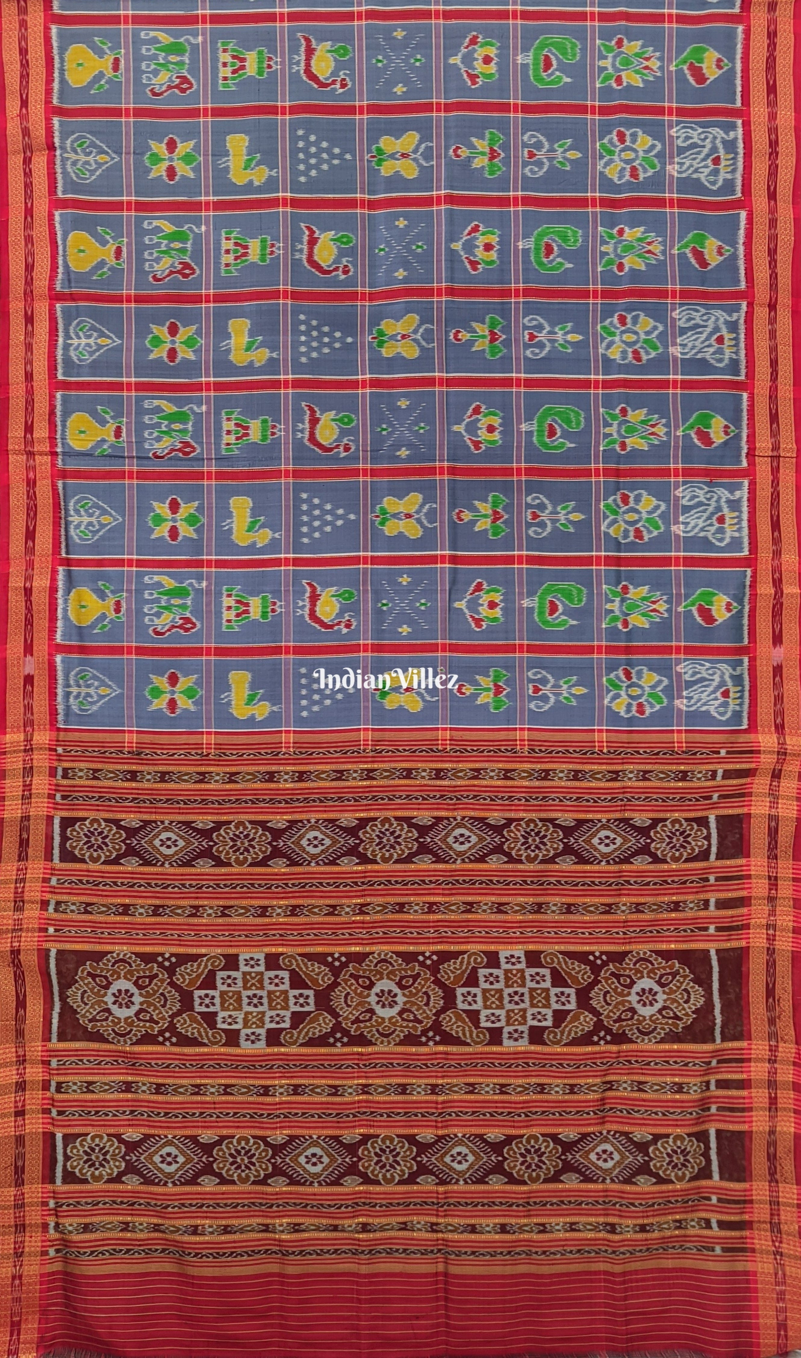 Bluish Grey Nabakothi Khandua Silk Patta Saree