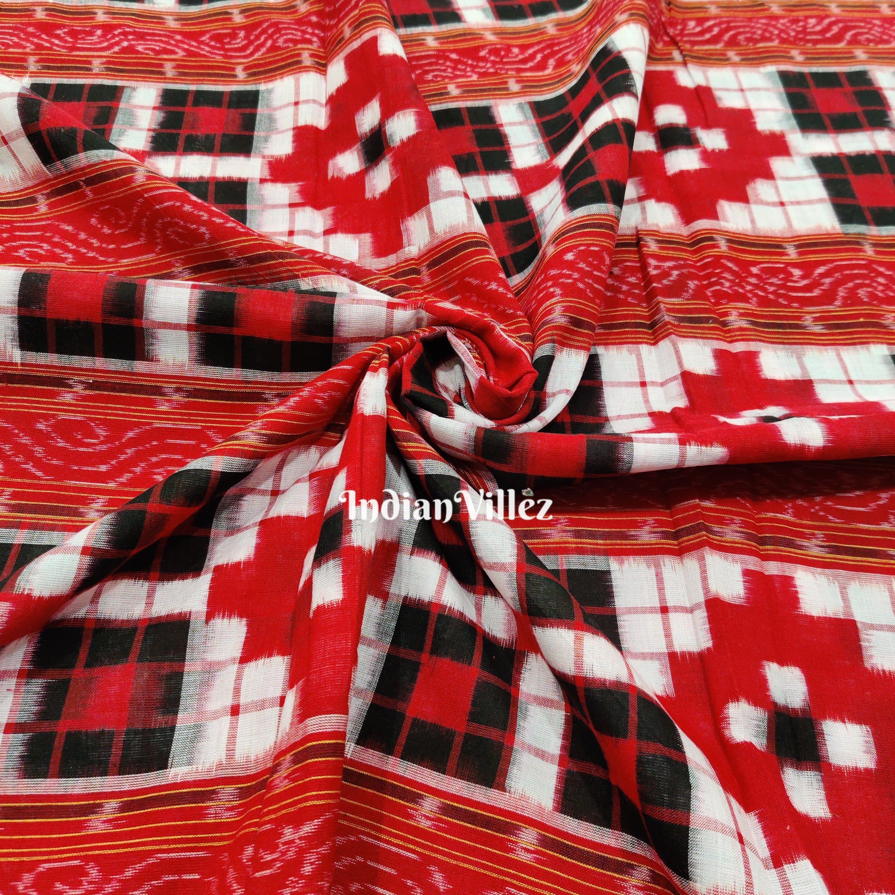 White Red Odisha Handloom Pasapali Cotton Ikat Fabric