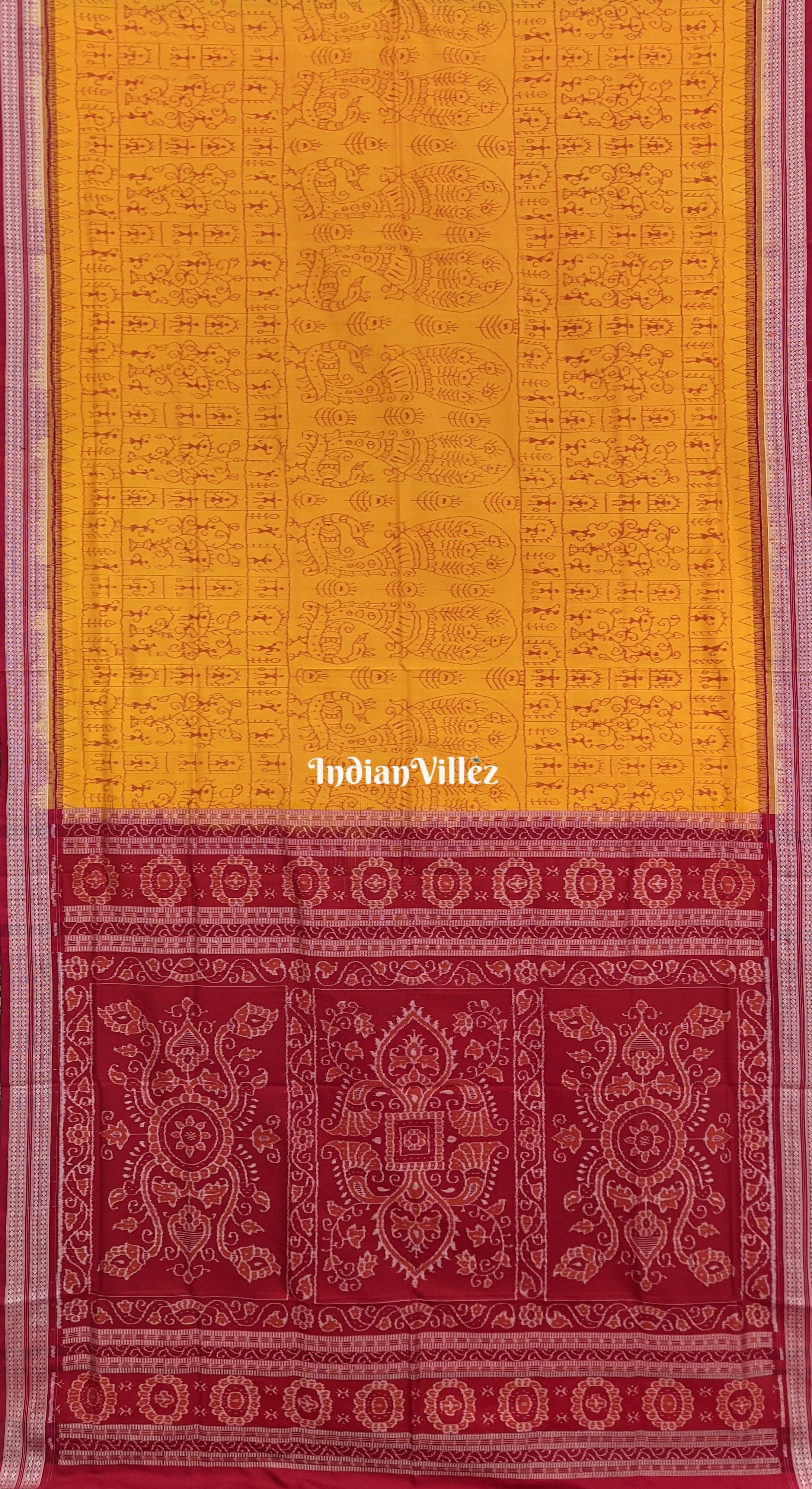 Mustard Yellow Tribal Theme Sambalpuri Ikat Silk Saree