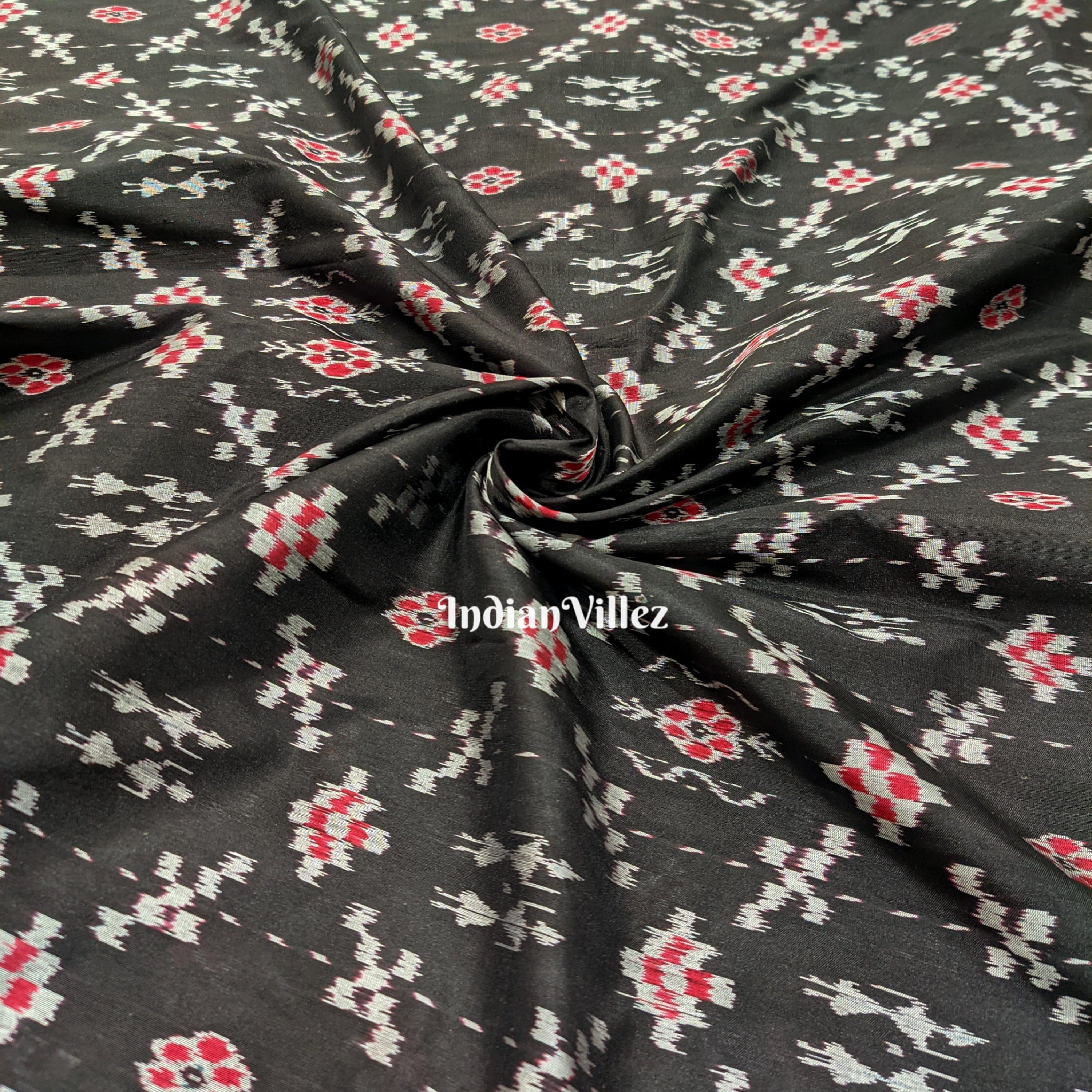 Black Tribal Theme Odisha Handloom Ikat Silk Fabric