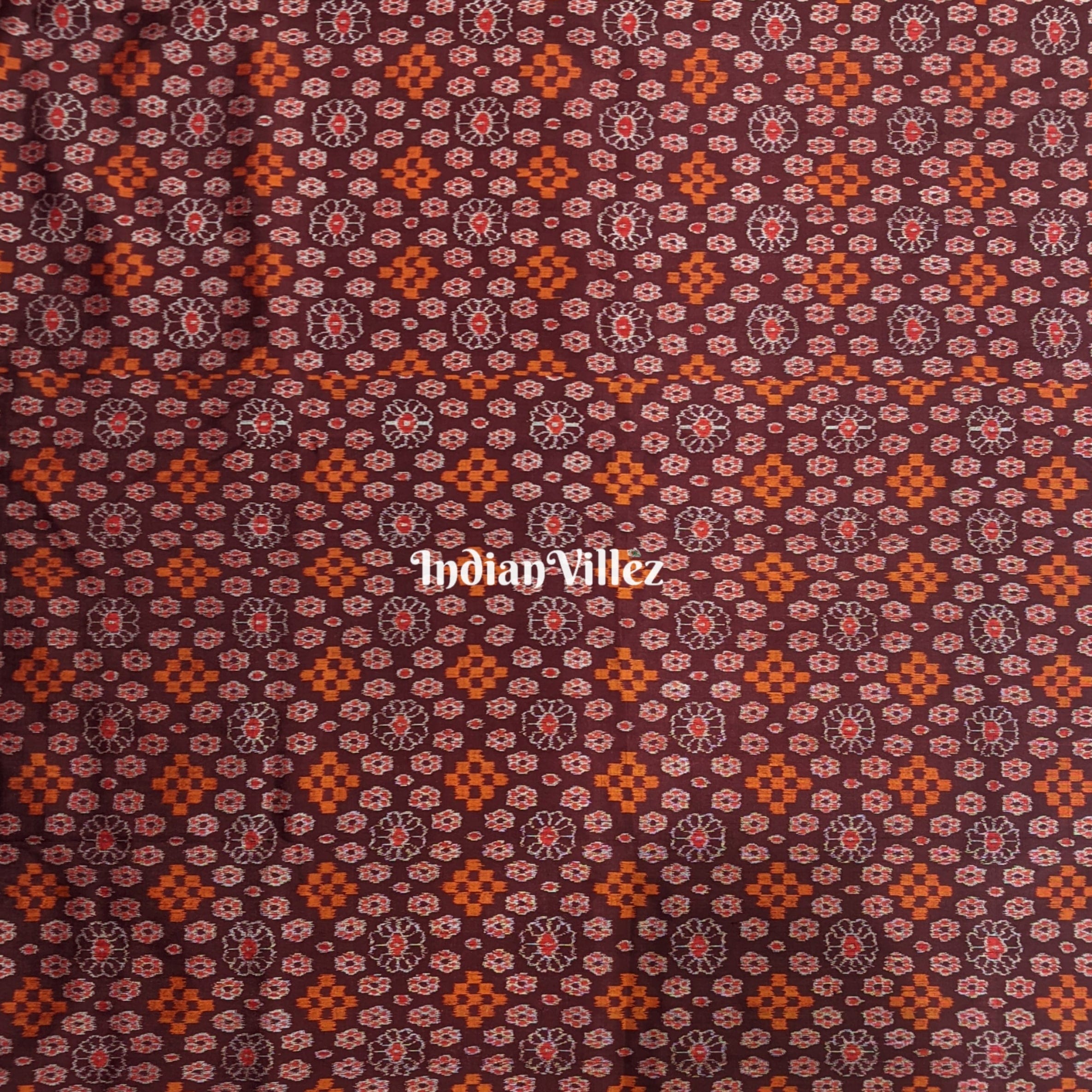 Dark Maroon Flower Design Ikat Silk Fabric