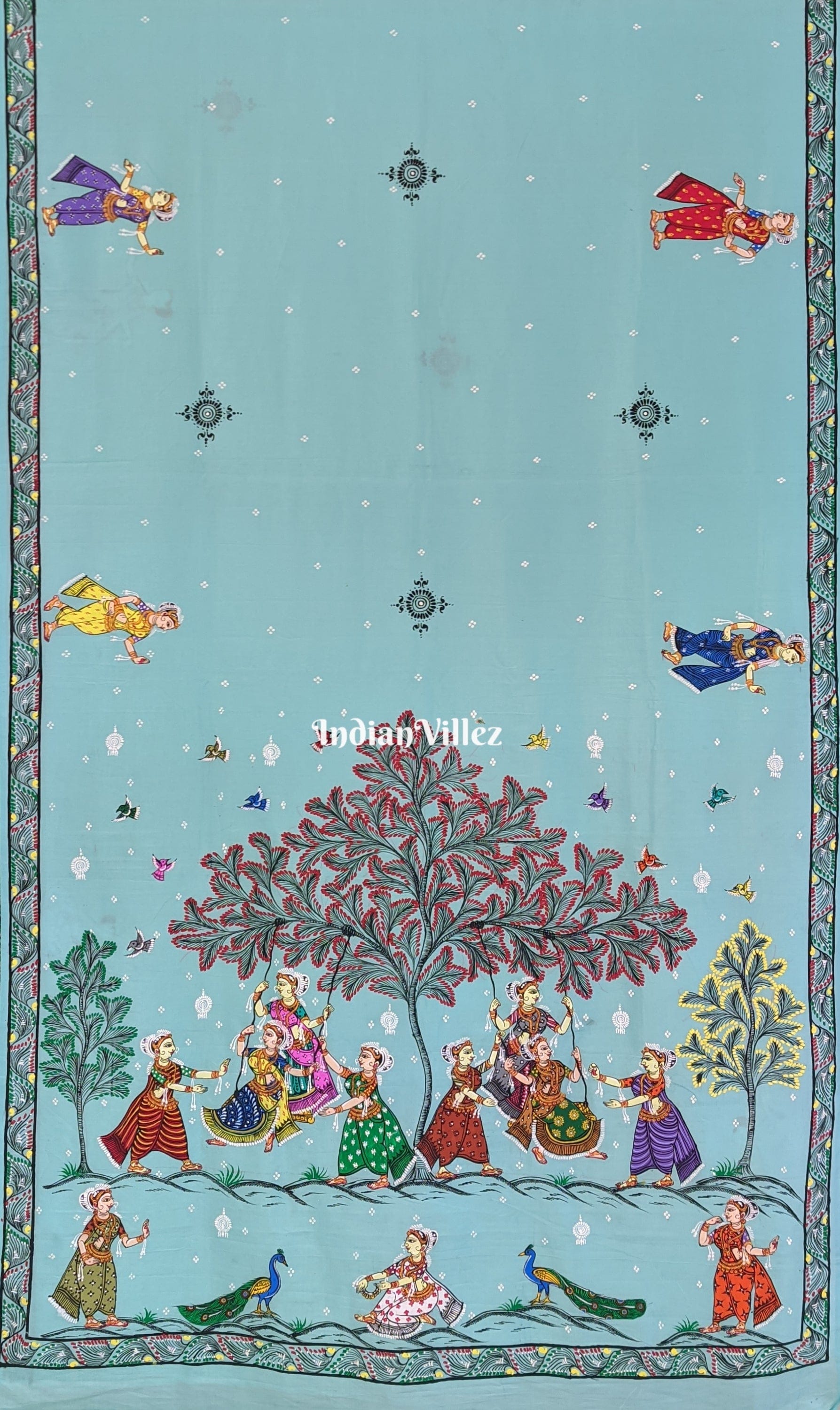 Krishna Leela Pattachitra on Surf Blue Khadi Silk Saree