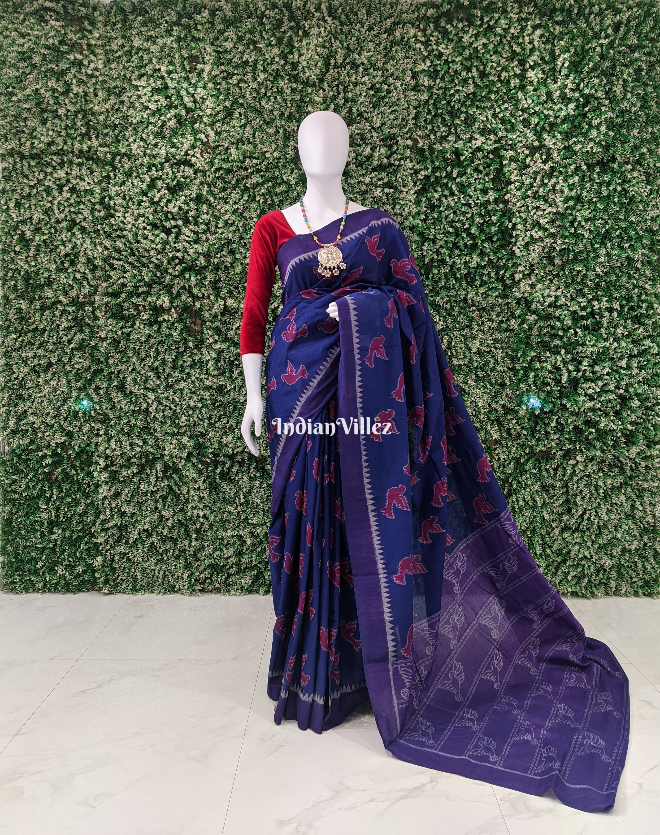 Azo-free Dye Blue Bird Design Contemporary Cotton Saree