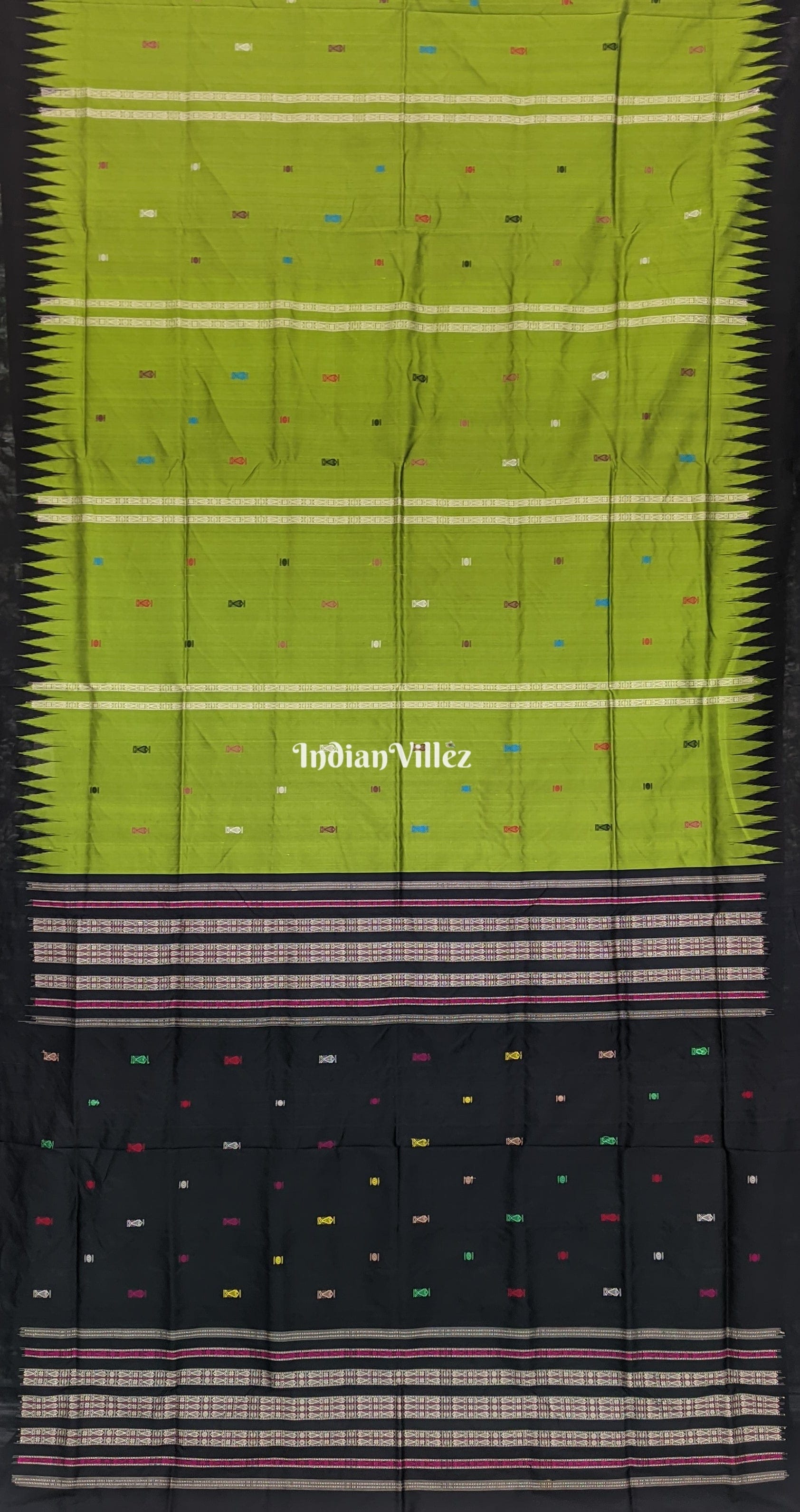 Parrot Green Habaspuri Inspired Fish Motif Sambalpuri Bomkai Silk Saree