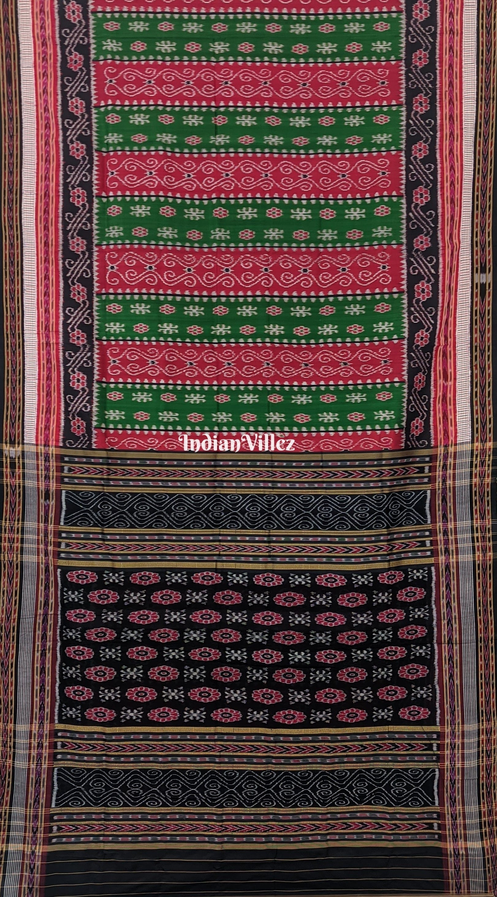 Green Red Flower with Sachipar Border Contemporary Odisha Ikat Silk Saree