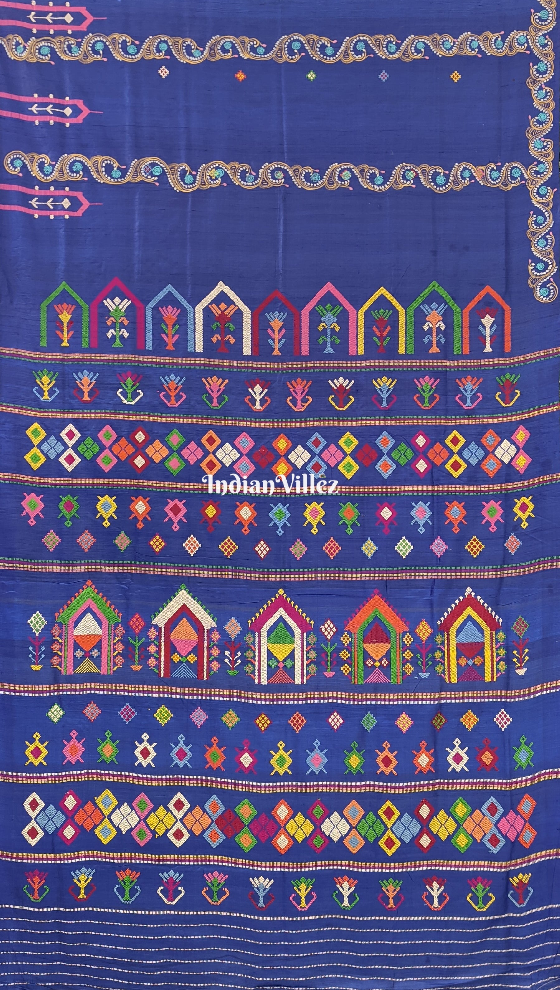 Bluish Dolabedi with Temple Border Odisha Ikat Tussar Silk Saree