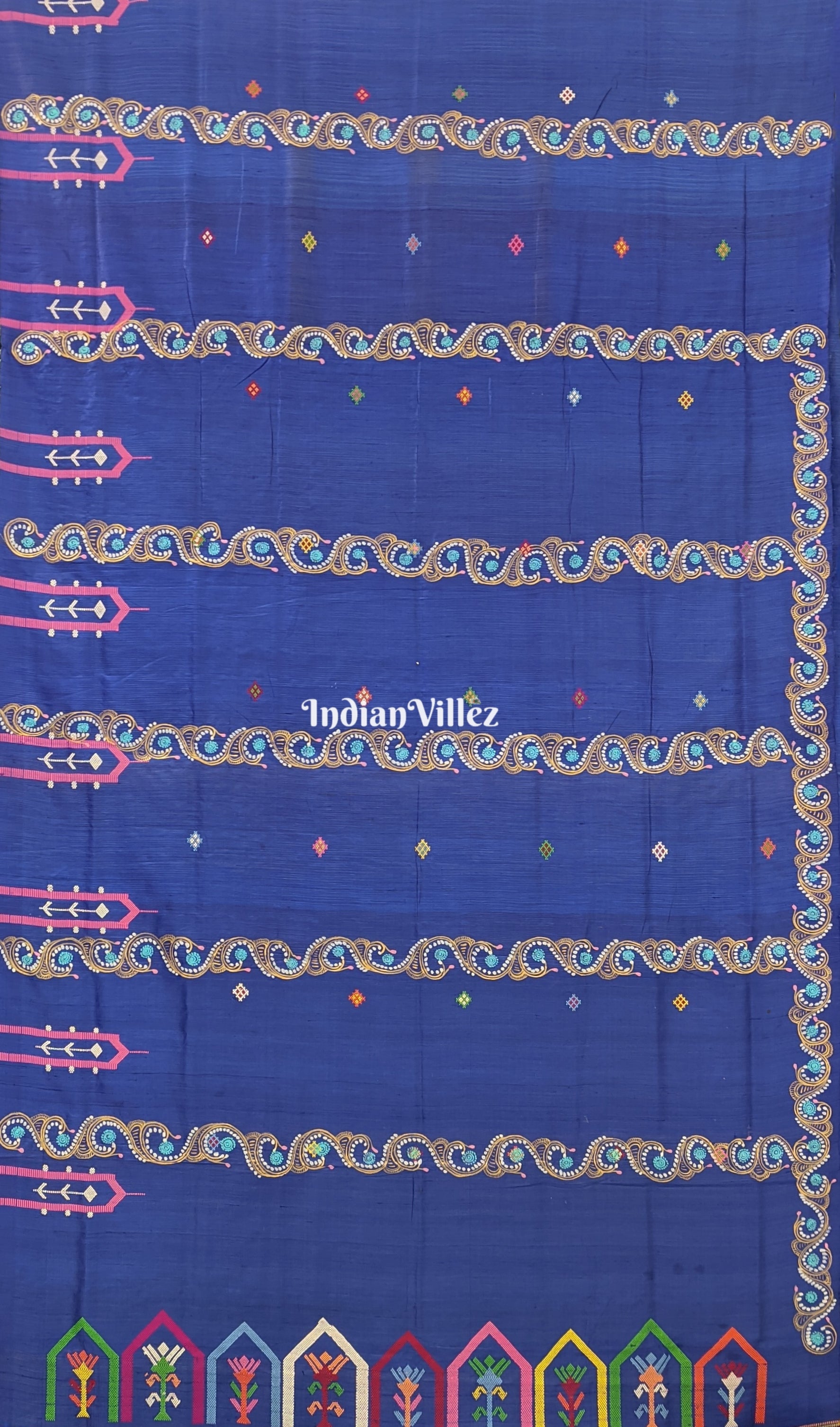 Bluish Dolabedi with Temple Border Odisha Ikat Tussar Silk Saree