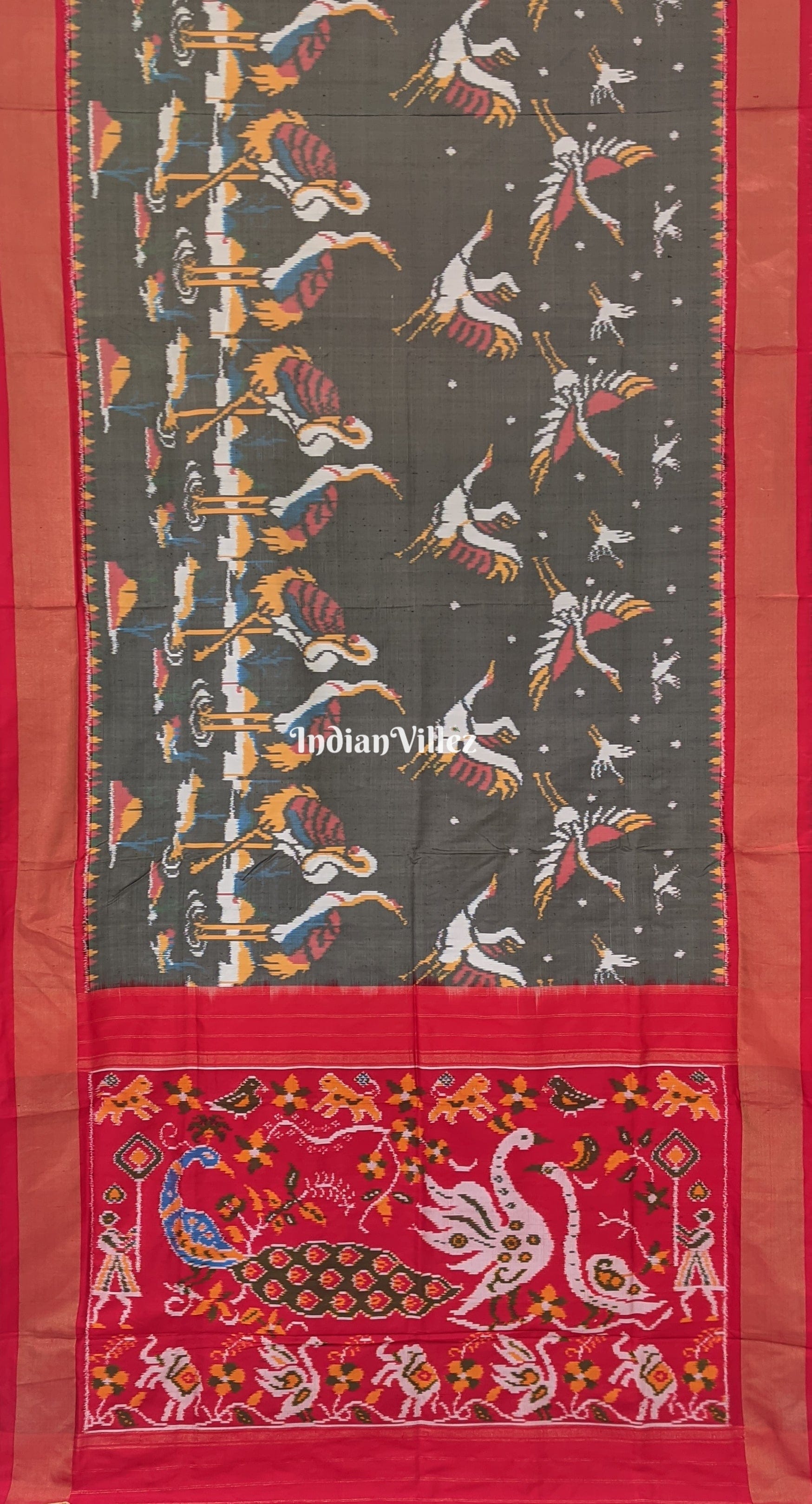 Gray Crane Theme Silk Handloom Pochampally Ikat Saree