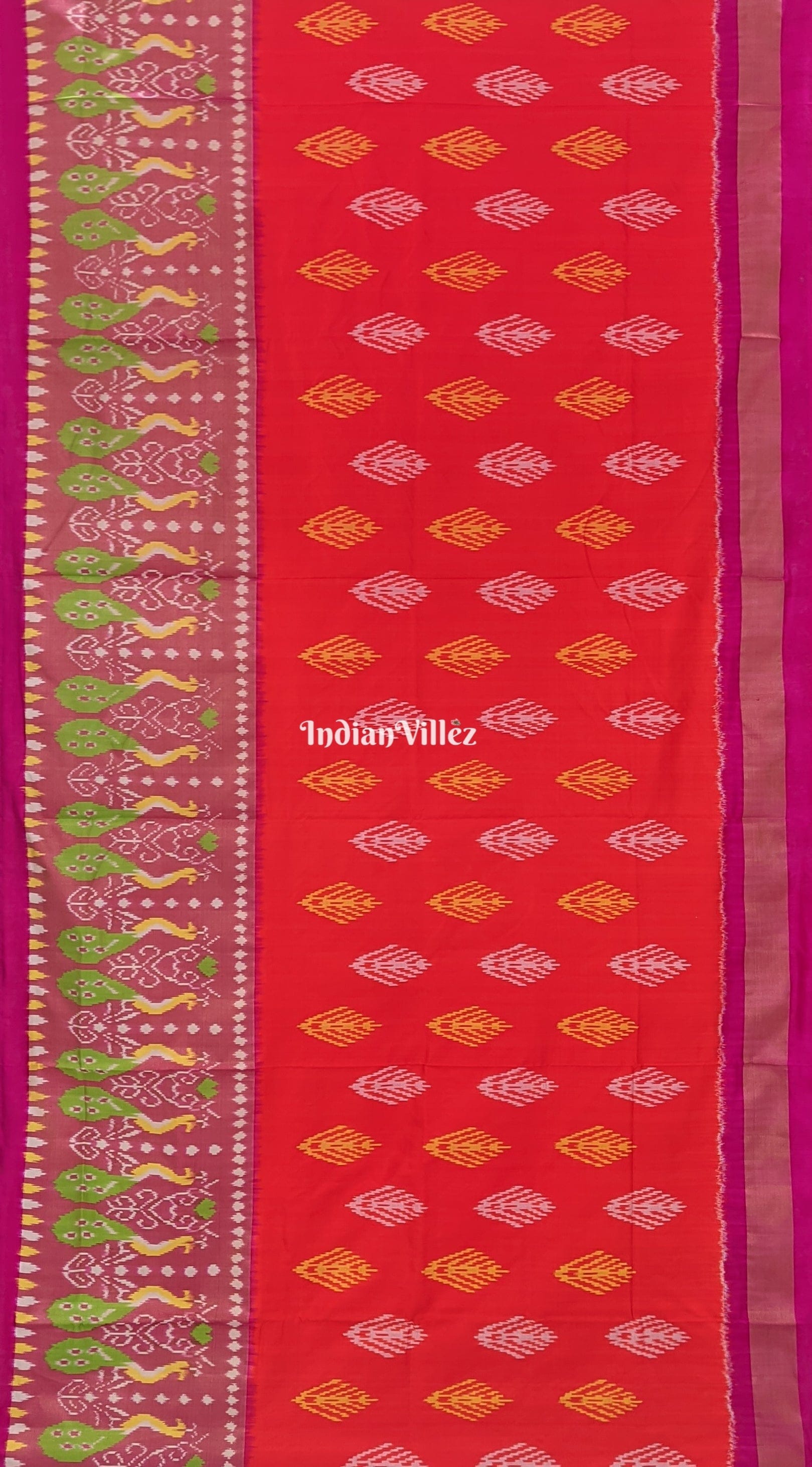 Orange with Rani Pink Pochampally Ikat Silk Saree