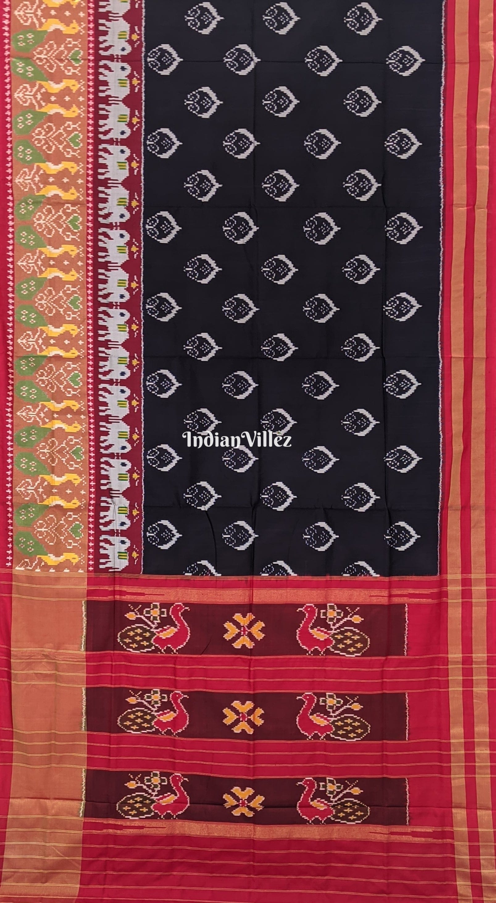 Pochampally Ikat Black Flower Body with Elephant Design Border Silk Saree