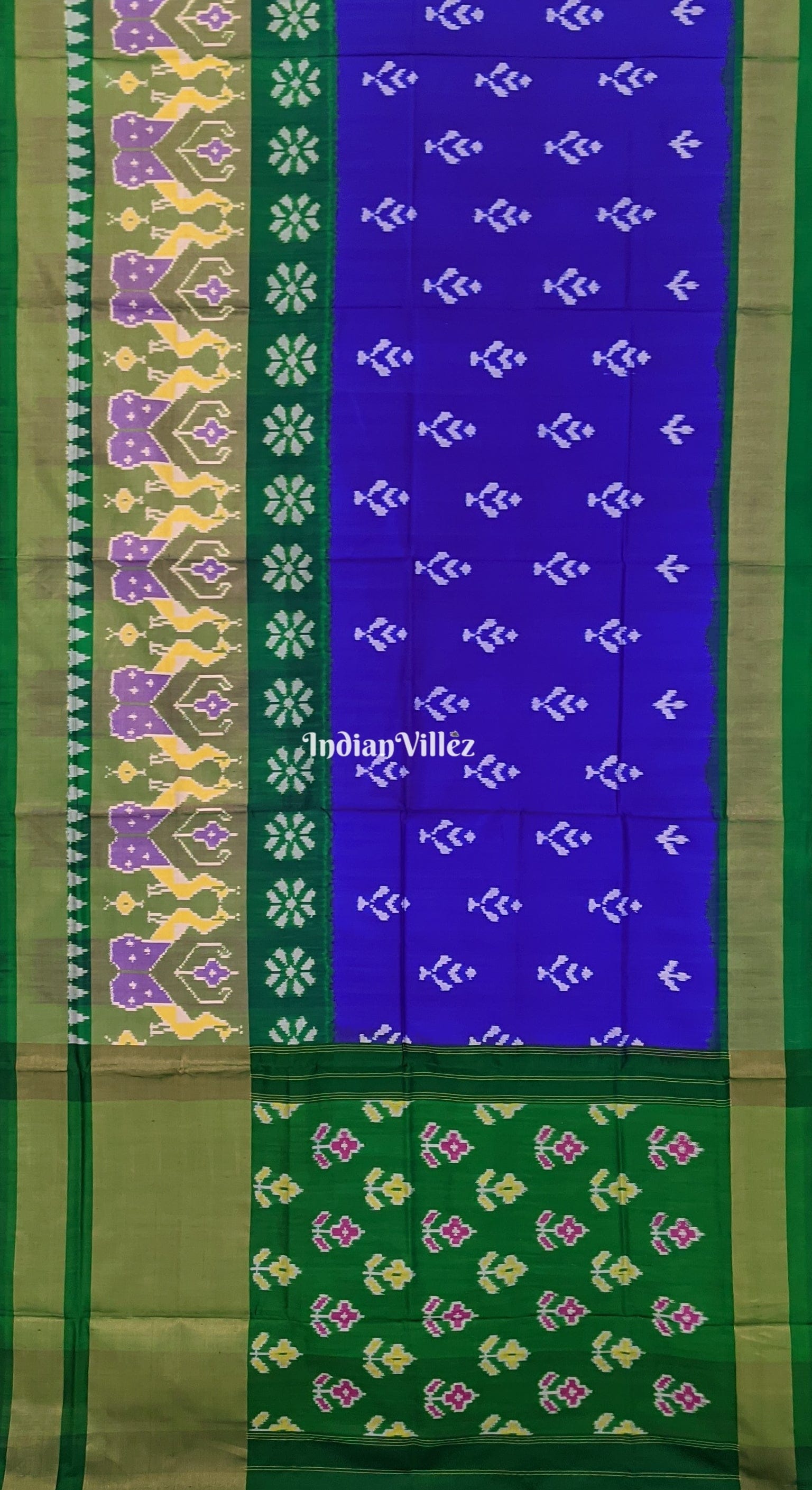 Blue Green Floral Design Pochampally Ikat Silk Saree