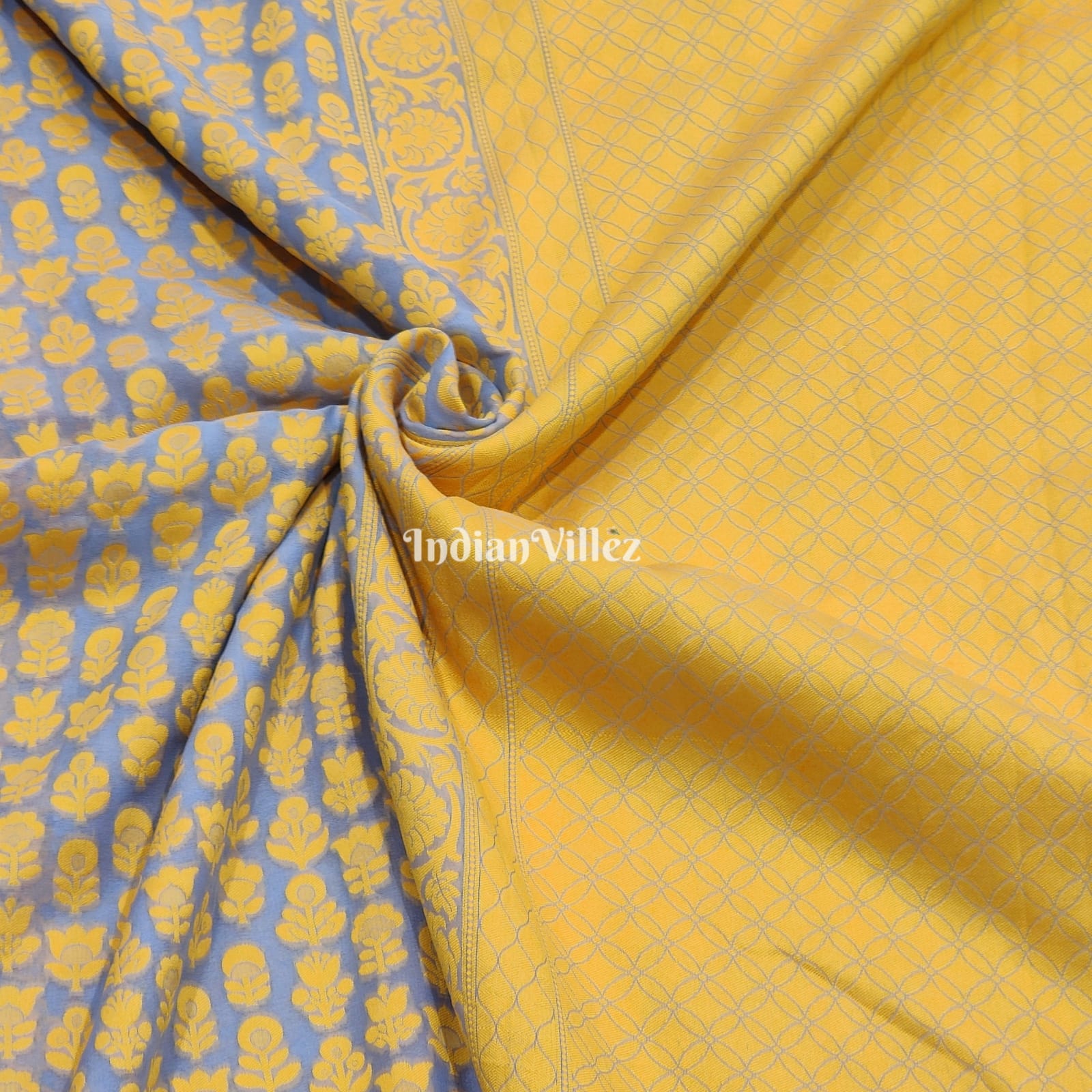 Yellow Flower Design Banarasi Khaddi Georgette Saree
