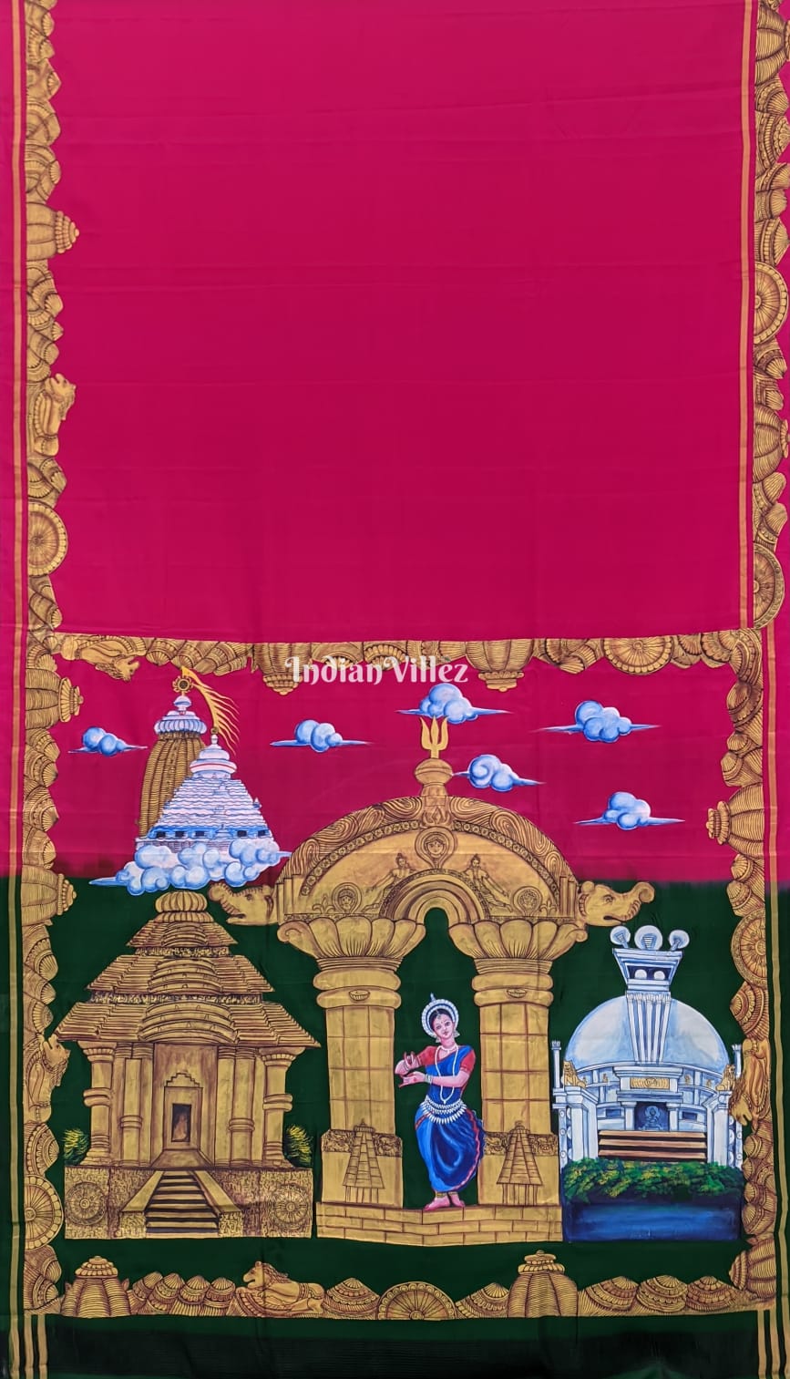 Royal Pink Green Odisha's Cultural Heritage Pattachitra Art on Kanjivaram Silk Saree