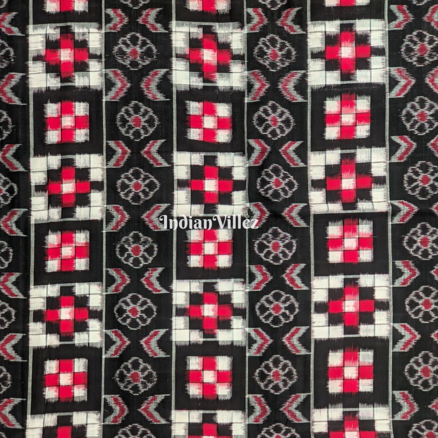 Black Red Pasapali Theme Sambalpuri Ikat Cotton Fabric