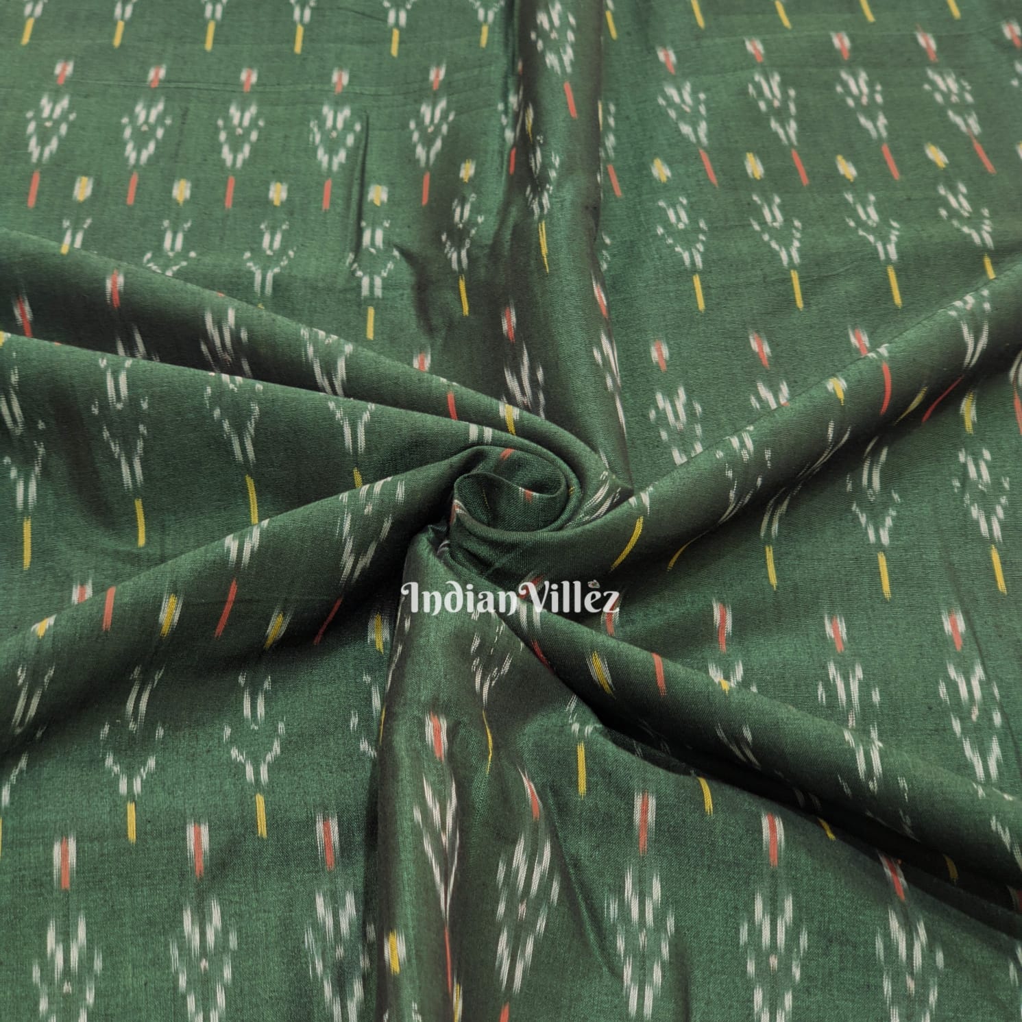 Bottle Green Handwoven Cotton Pochampally Ikat Fabric