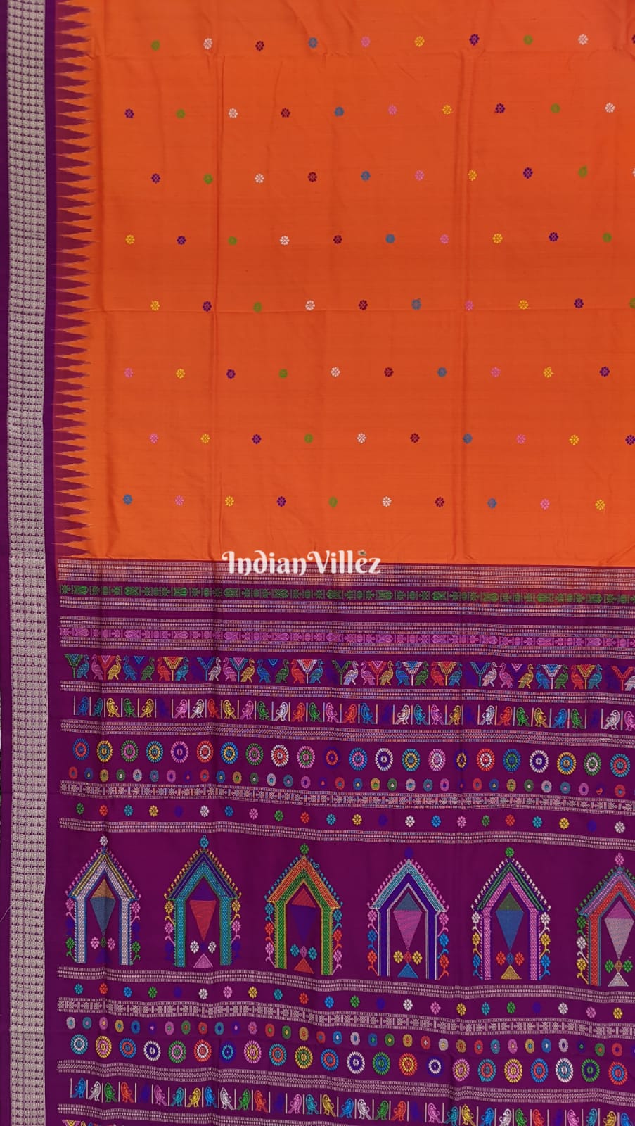 Orange Flower Motifs Sambalpuri Ikat Dolabedi Silk Saree
