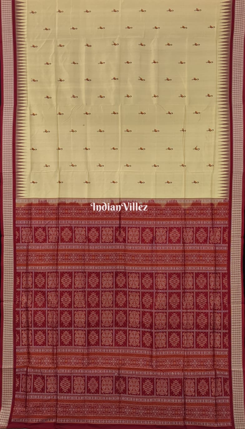 Beige Crane Bomkai Sambalpuri Ikat Silk Saree