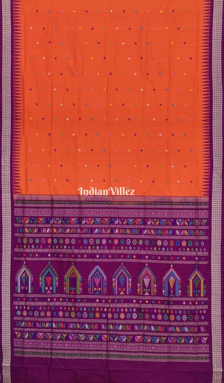 Orange Flower Motifs Sambalpuri Ikat Dolabedi Silk Saree