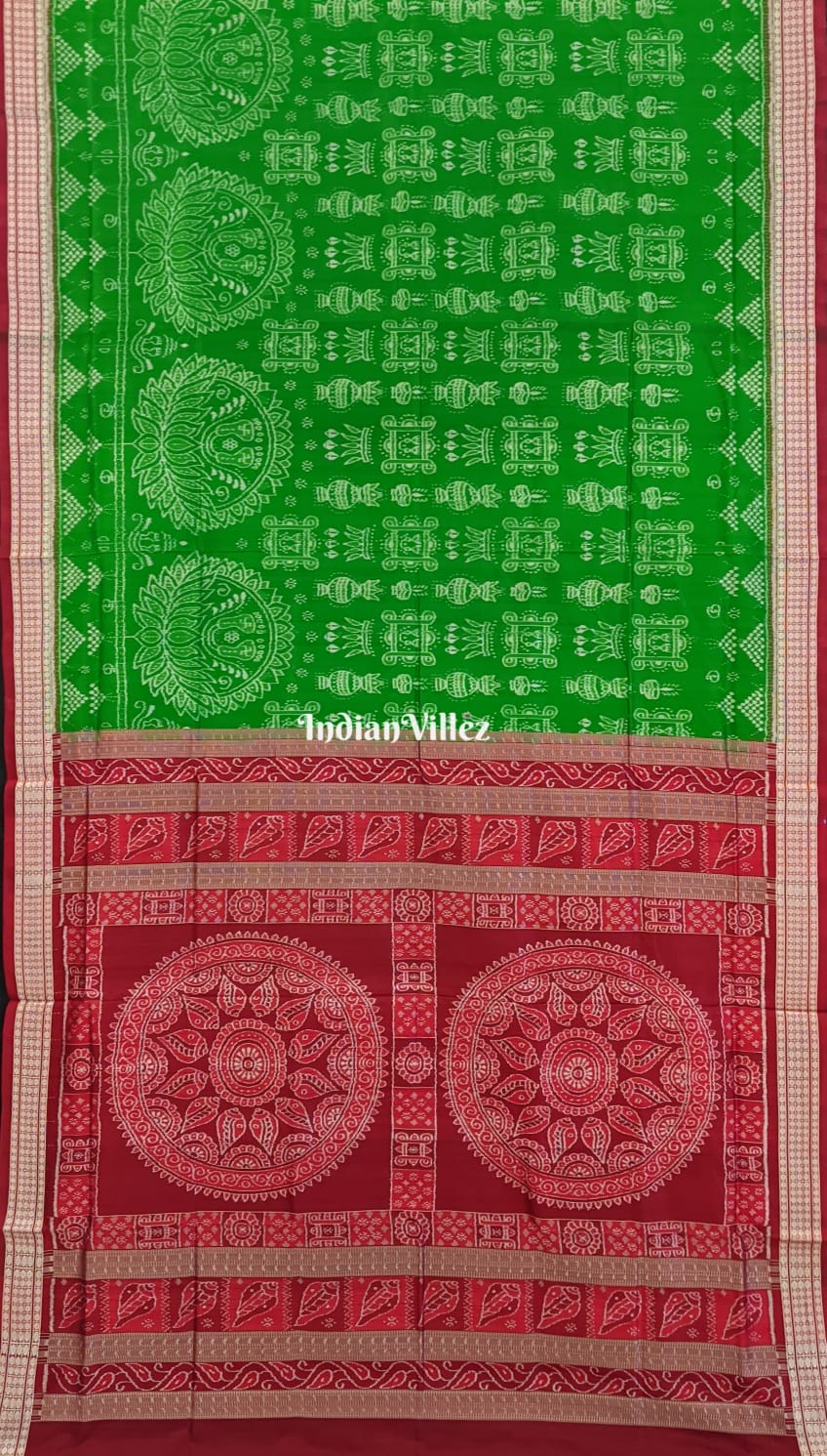 Grand Light Green Maroon Lotus Laxmi Feet Sambalpuri Ikat Silk Saree