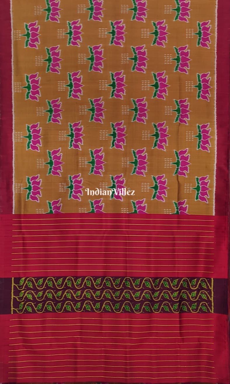 Mustard Yellow Red Lotus Odisha Ikat Contemporary Silk Saree