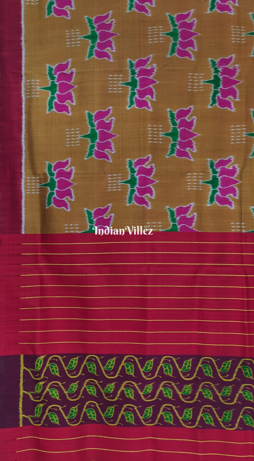 Mustard Yellow Red Lotus Odisha Ikat Contemporary Silk Saree