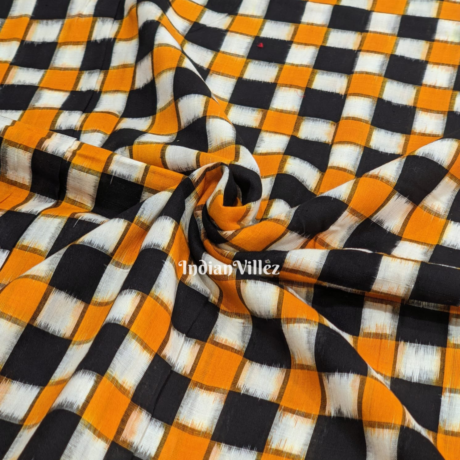 Yellow Black Pasapali Theme Sambalpuri Ikat Cotton Fabric