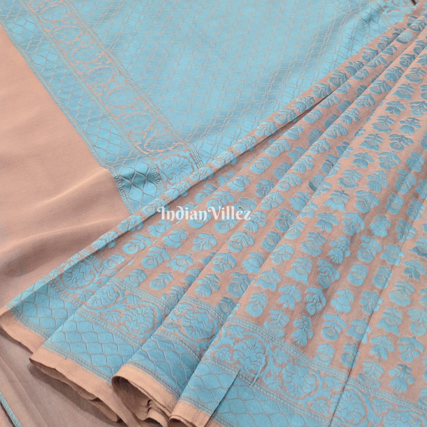 Sky Blue Flower Design Banarasi Khaddi Georgette Saree