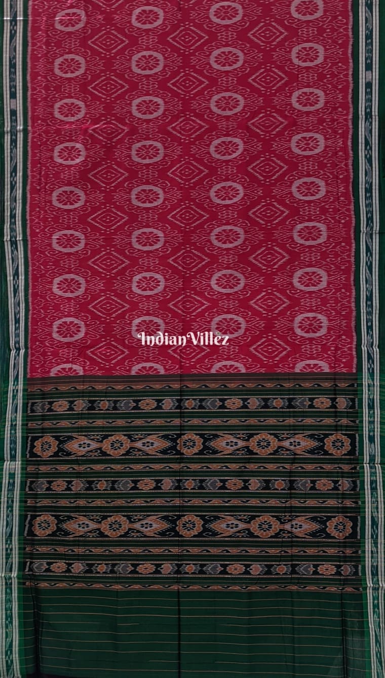 Maroon with Green Anchal Sambalpuri Ikat Maniabandha Cotton Saree