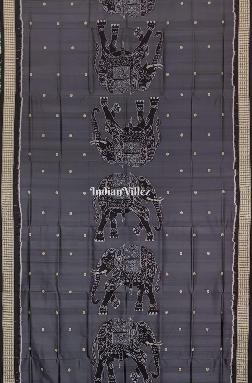 Deep Grey Elephant Design Sambalpuri Ikat Silk Saree