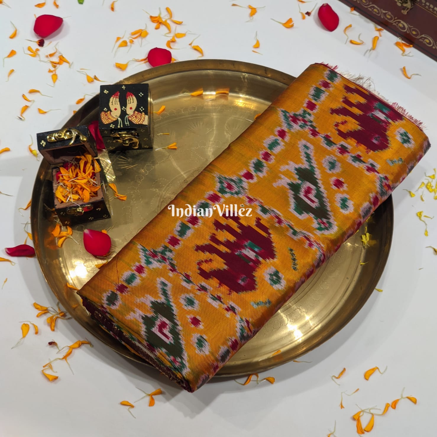 Orange Marron Silk Handloom Pochampally Ikat Saree