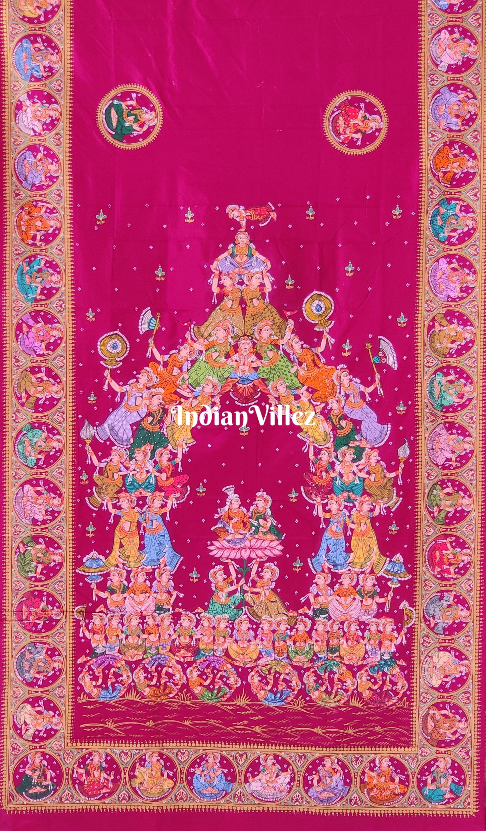 Barbie Pink Kandarpa Ratha Chariot Pattachitra on Kanjivaram Silk Saree