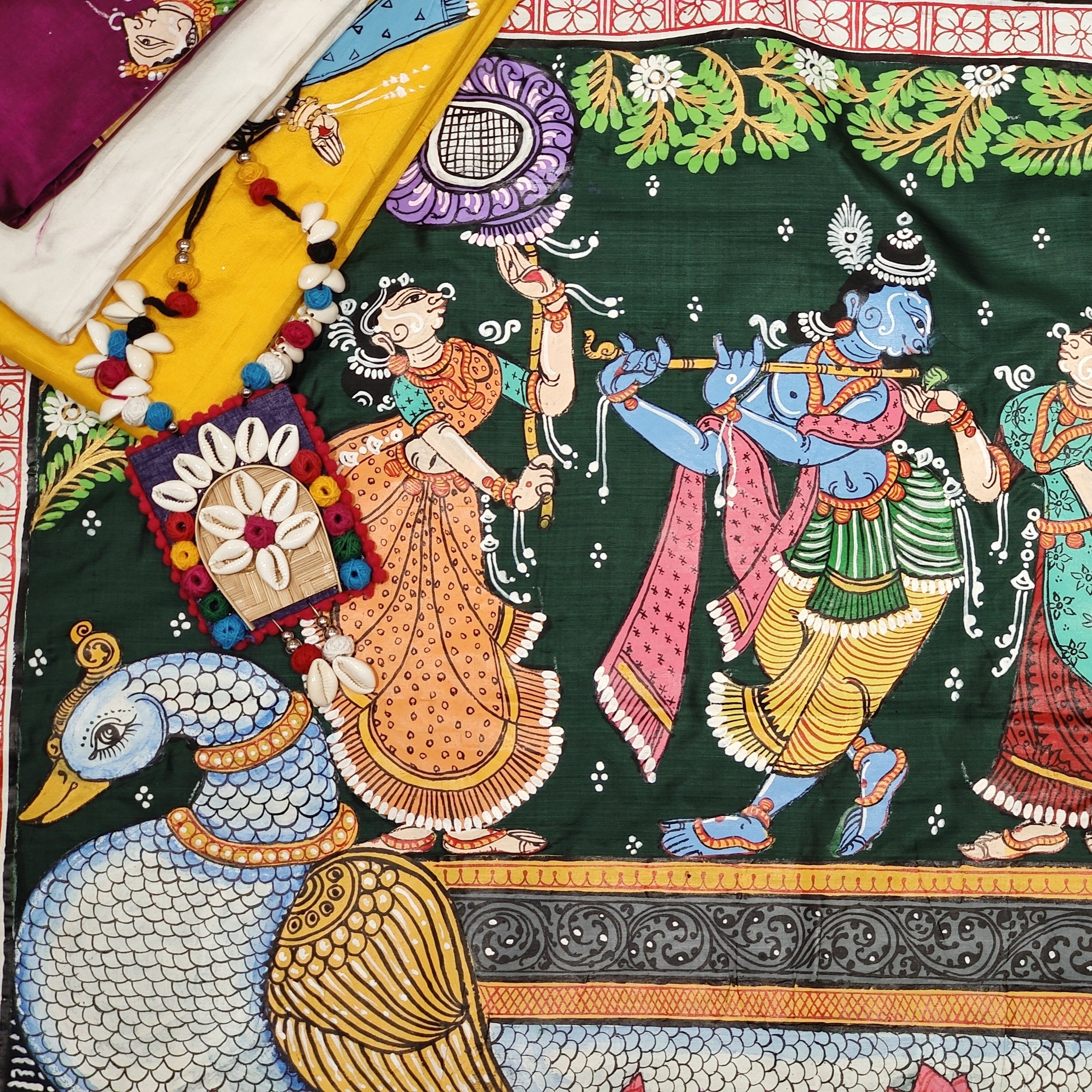 Garuda Pattachitra Bottle Green Radha Krishna Hand-Painted Pattachitra Art Silk Saree ...