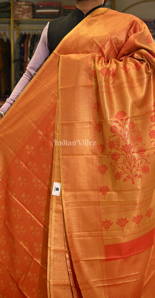 Exclusive Red Orange Floral Pure Kanjivaram Tissue Silk Saree