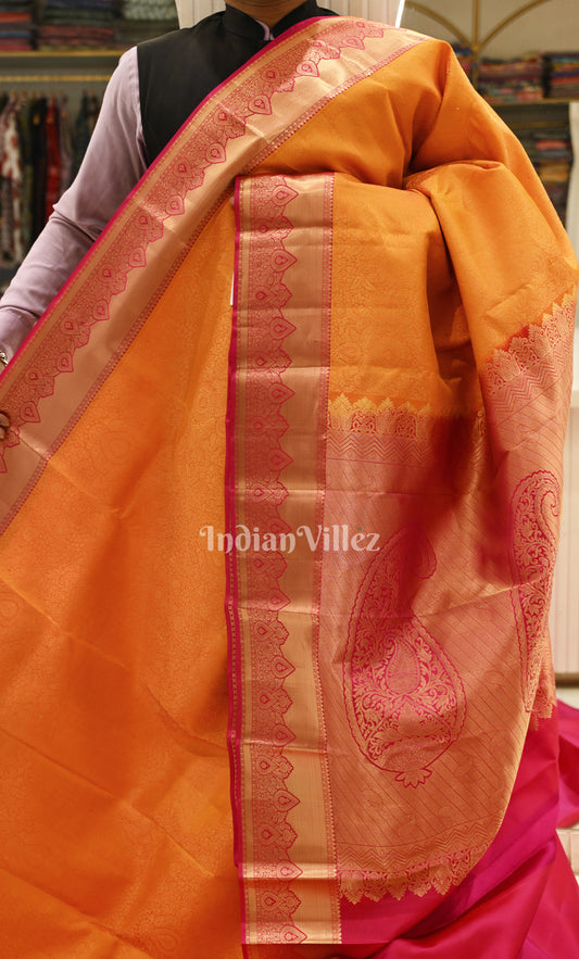 Exclusive Designer Orange Pink Floral Brocade Pure Kanjivaram Silk Saree