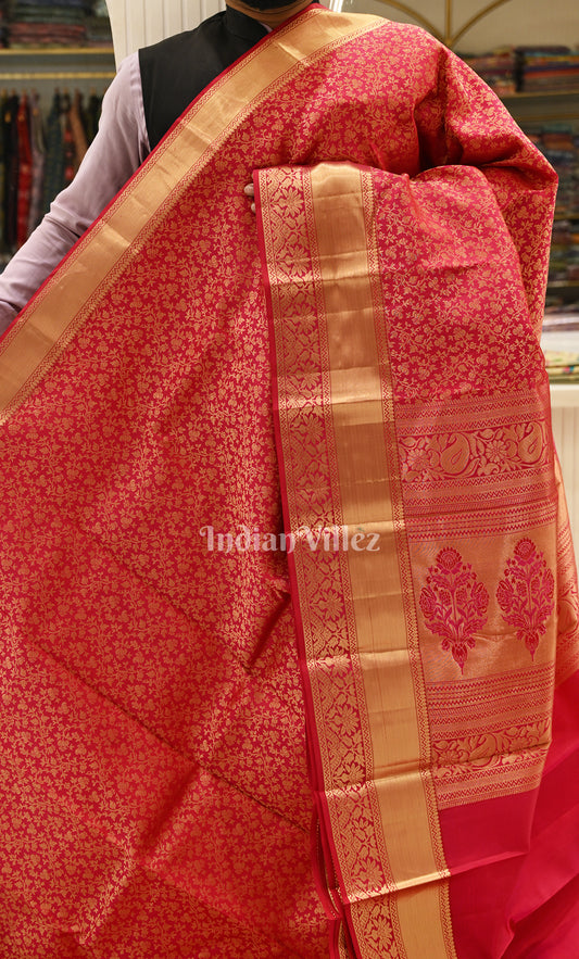 Dark Pink Floral Brocade Pure Kanjivaram Silk Saree