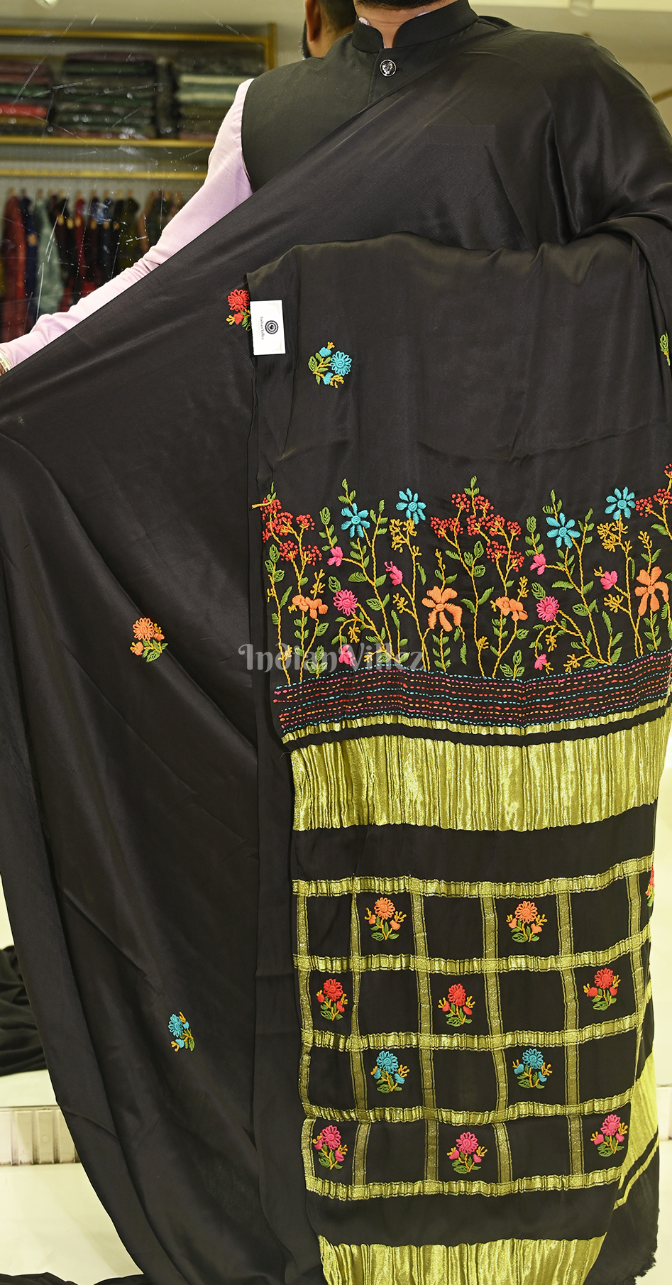 Black Kutch Embroidery Work Gaji Silk Saree 