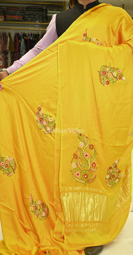 Mustard Yellow Kutch Embroidery Work Gaji Silk Saree