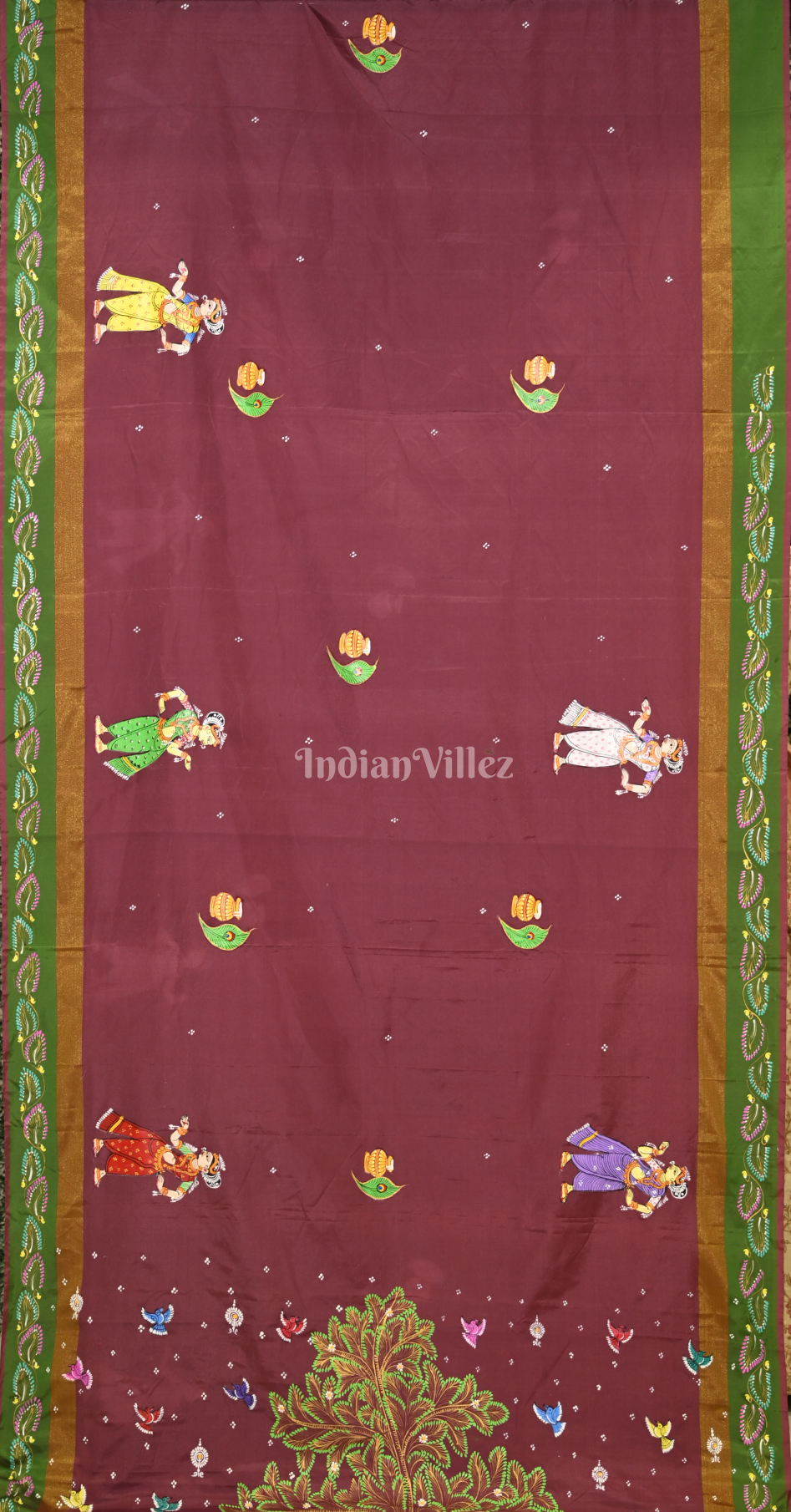 Maroon Green Maroon Krishna Raas Hand-Painted Pattachitra Saree