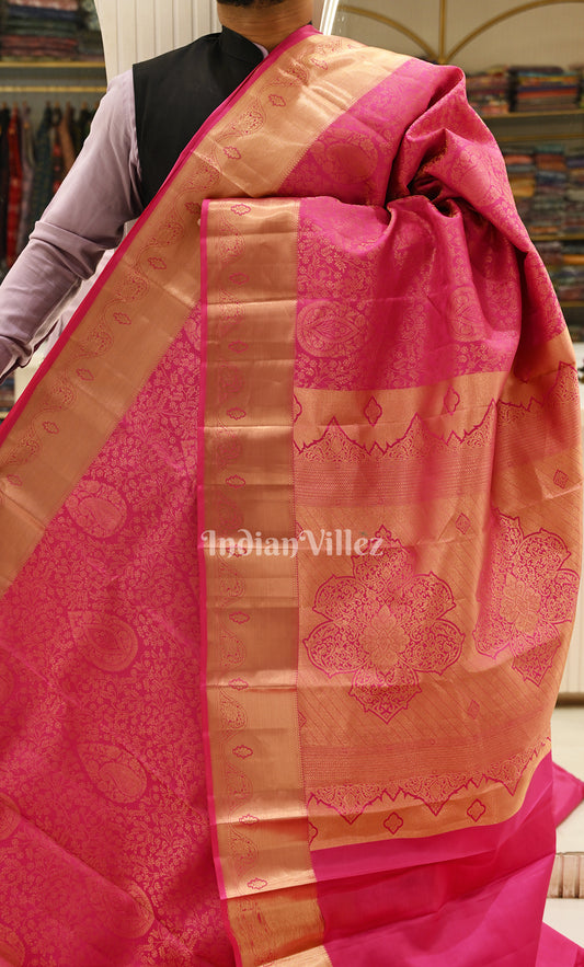 Exclusive Raspberry Pink with Golden Brocade Pure Kanjivaram Silk Saree