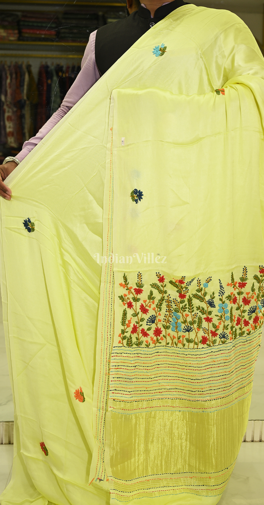 Lime Yellow Kutch Embroidery Work Gaji Silk Saree 