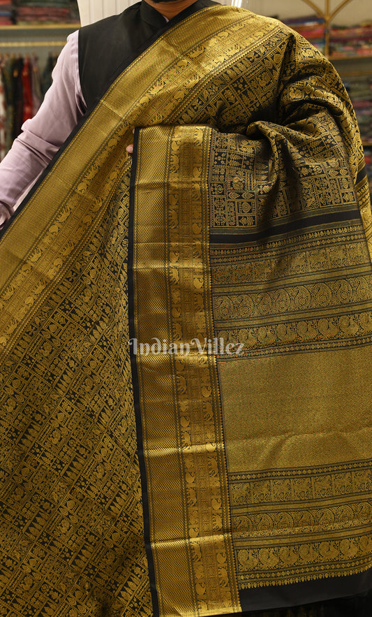 Black with Golden Check Buti Brocade Pure Kanjivaram Silk Saree