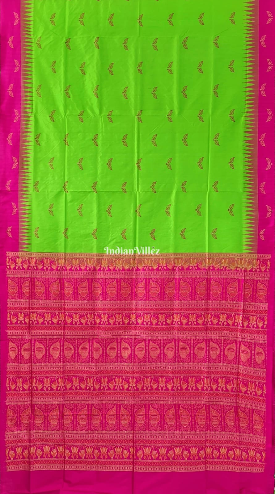 Parrot Green Rani Pink Leaf Motif Bomkai Sambalpuri Silk Saree
