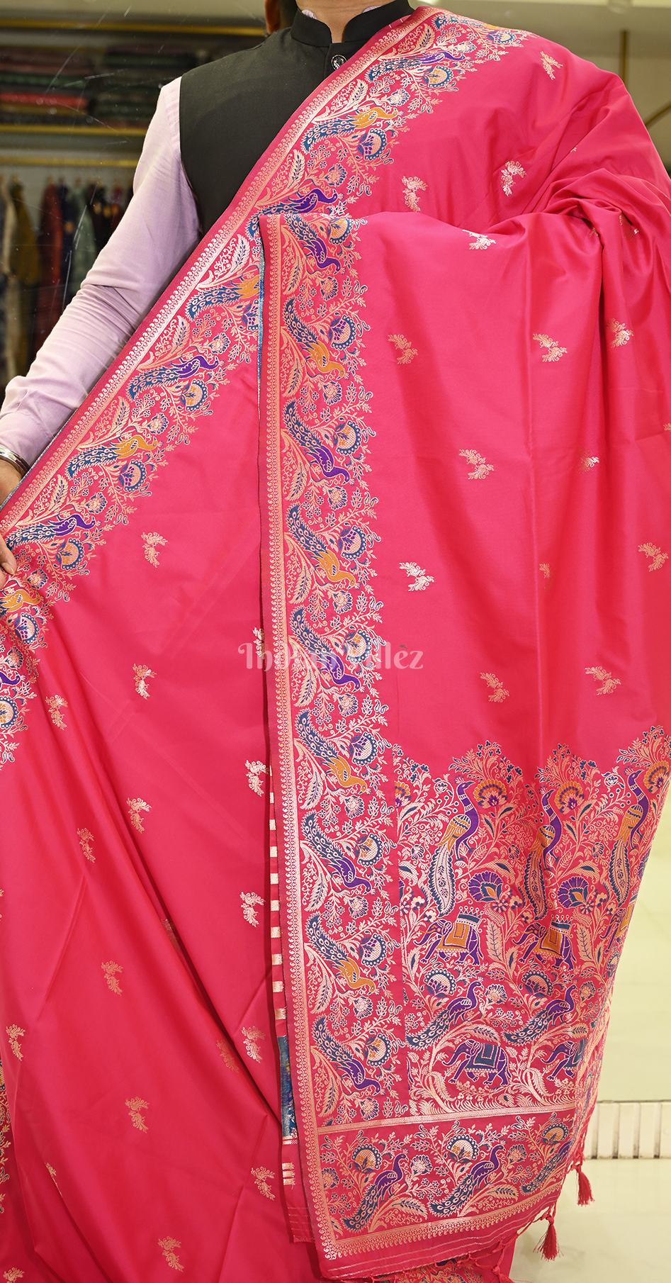Dark Red Peacock Design Pure Mashru Satin Silk Banarasi Saree