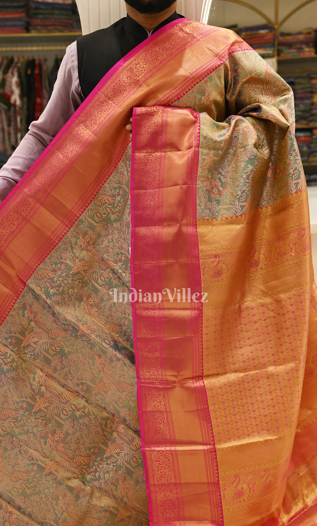 Exclusive Designer Olive Green Floral Pure Kanjivaram Tissue Silk Saree